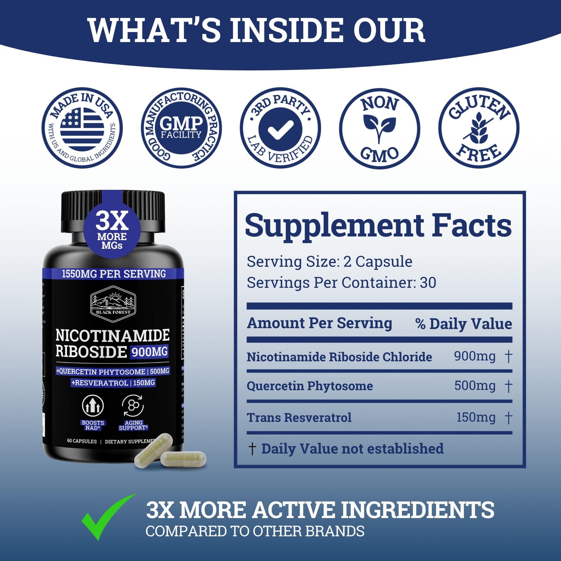 Black Forest NAD Nicotinamide Riboside 900 mg (Liposomal Nicotinamide Riboside 900mg Resveratrol, Quercetin 500mg & 150mg of NAD Resveratrol Supplement) 1550 MGS NR Supplement 900mg NAD+ Black ForestAu supplements