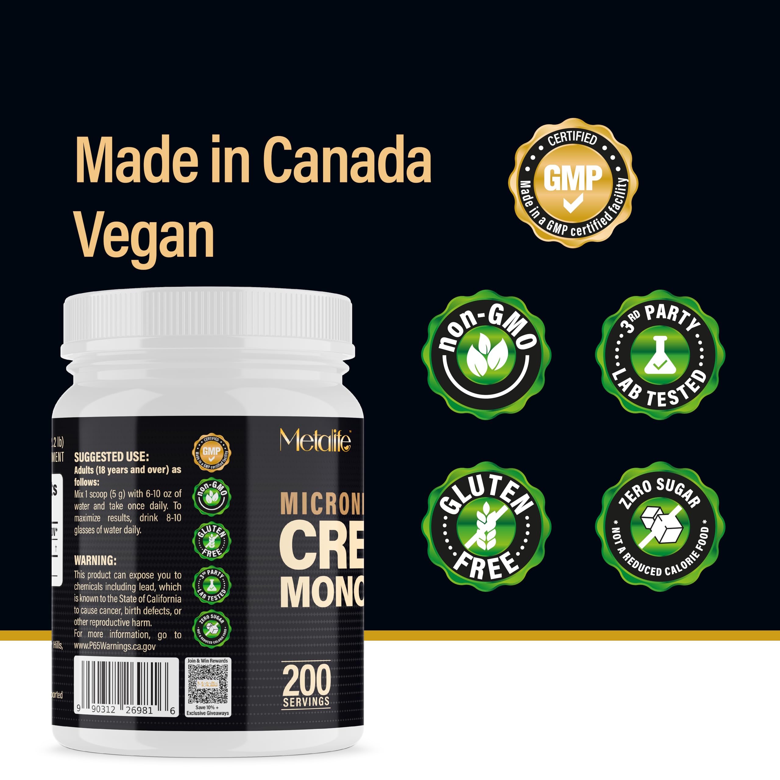 METALIFE 100% Pure Creatine Monohydrate Powder, Canada-Made, 1000 g (200 Servings) Micronized Powder, Muscle Growth, Unflavored, Ideal for Athletes & Fitness Enthusiasts, Third party lab tested, Vegan METALIFEAu supplements