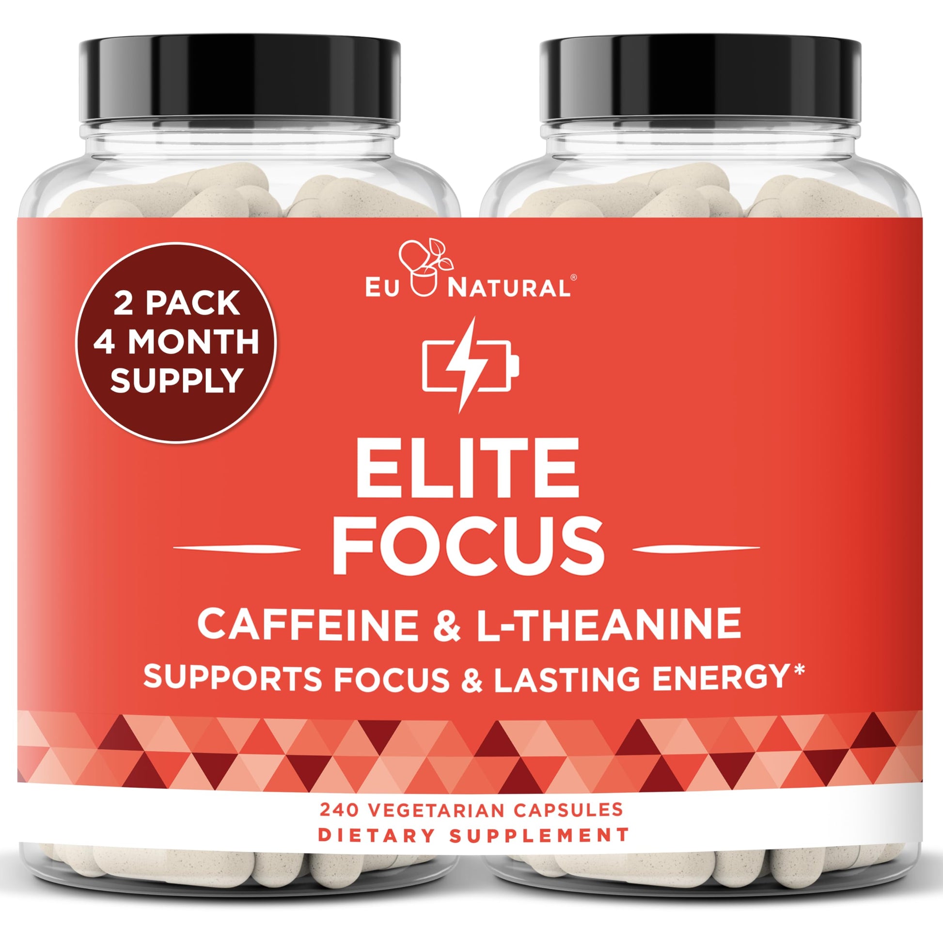 Eu Natural Elite Caffeine Pills with L-Theanine - 100mg Caffeine + 200mg L-Theanine - Jitter-Free Focused Energy & Clean Nootropic Stack - 240 Soft Capsules Eu NaturalAu supplements