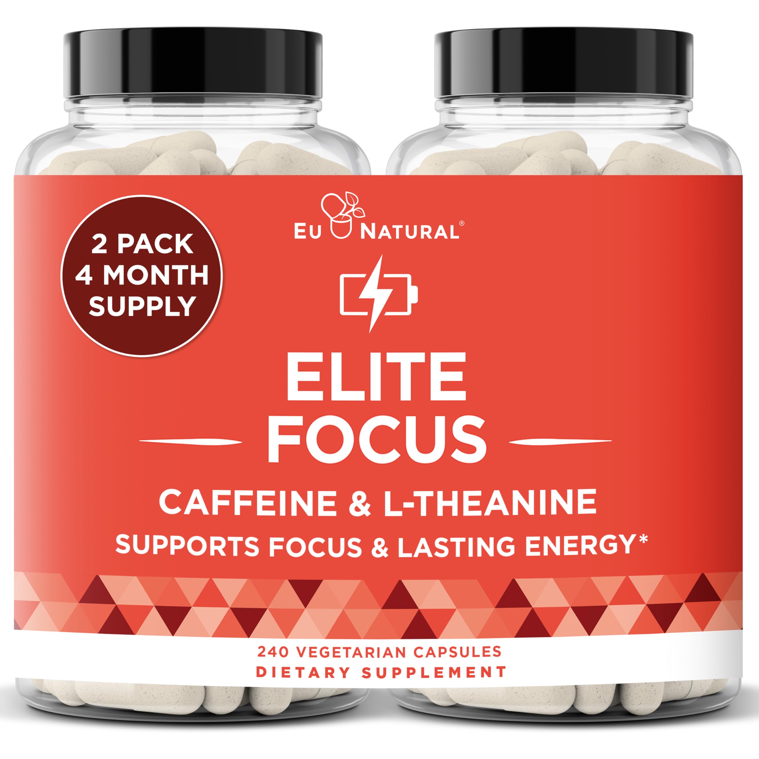 Eu Natural Elite Caffeine Pills with L-Theanine - 100mg Caffeine + 200mg L-Theanine - Jitter-Free Focused Energy & Clean Nootropic Stack - 240 Soft Capsules Eu NaturalAu supplements