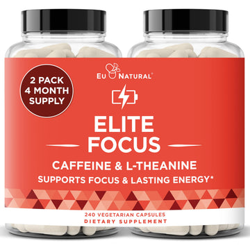 Eu Natural Elite Caffeine Pills with L-Theanine - 100mg Caffeine + 200mg L-Theanine - Jitter-Free Focused Energy & Clean Nootropic Stack - 240 Soft Capsules Eu NaturalAu supplements