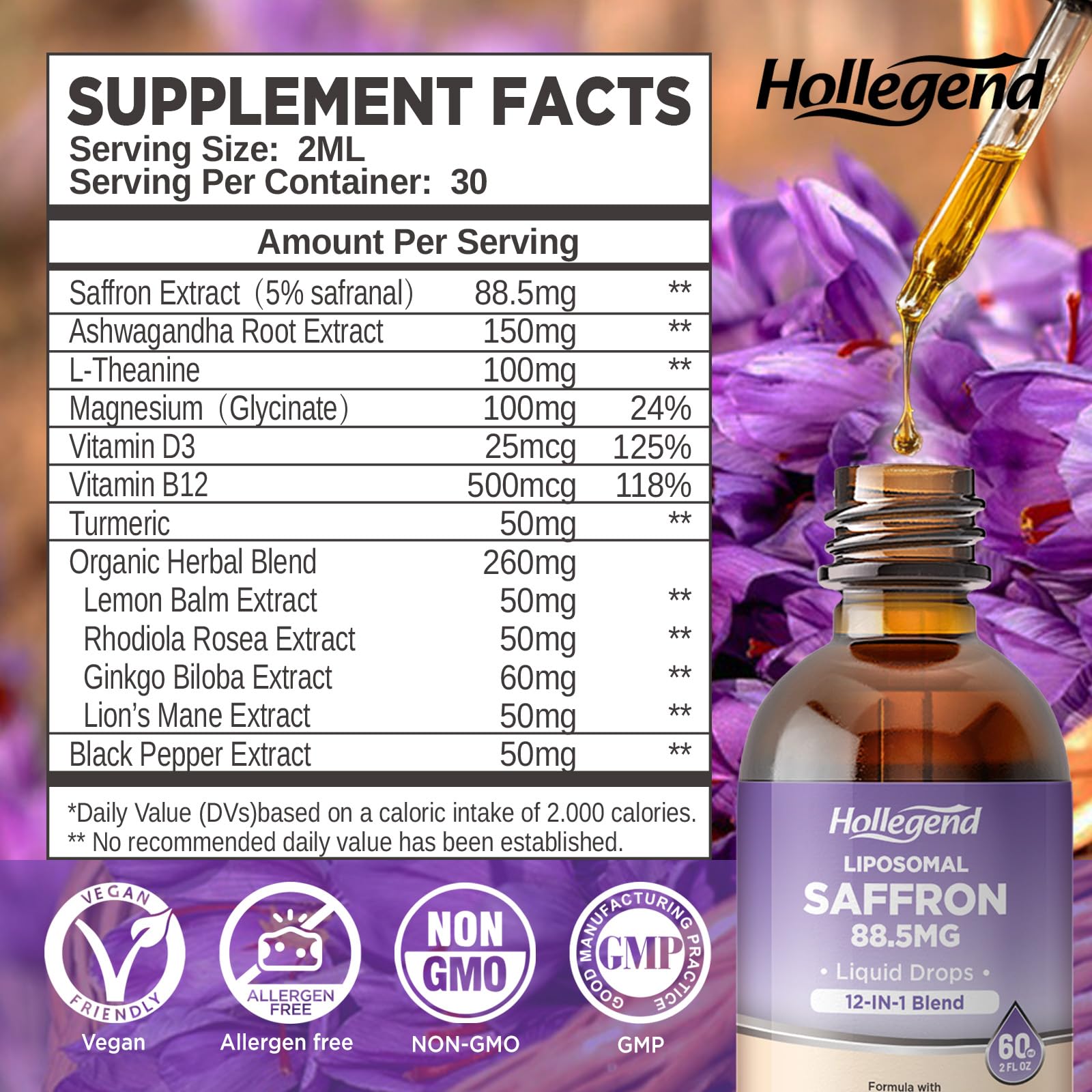 HOLLEGEND Liposomal Saffron Drops for Kids & Adults, Organic Saffron Supplement w/Magnesium, L-Theanine and Vitamins for Stress, Focus, Vision and Energy Support, Vegan, Natural Lemon Flavor, 2 FL OZ HOLLEGENDAu supplements