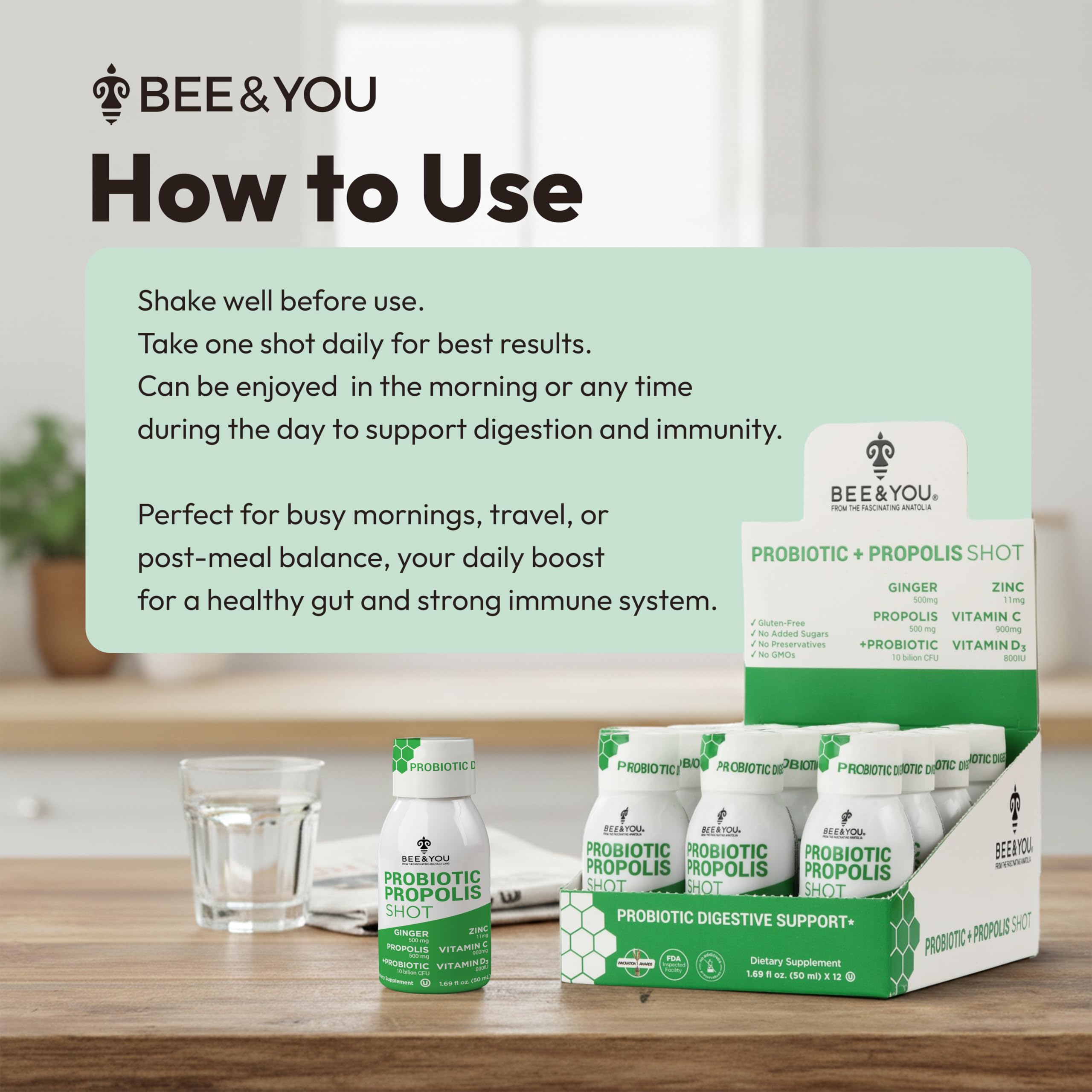 Bee and You Propolis Immune Shot, Probiotic, Vitamin C, Vitamin D3, Zinc, Ginger, Immune Support, Gut Health, Digestive Health, Bioactive 1.69 Fl. oz, 12 Pack BEE & YOUAu supplements