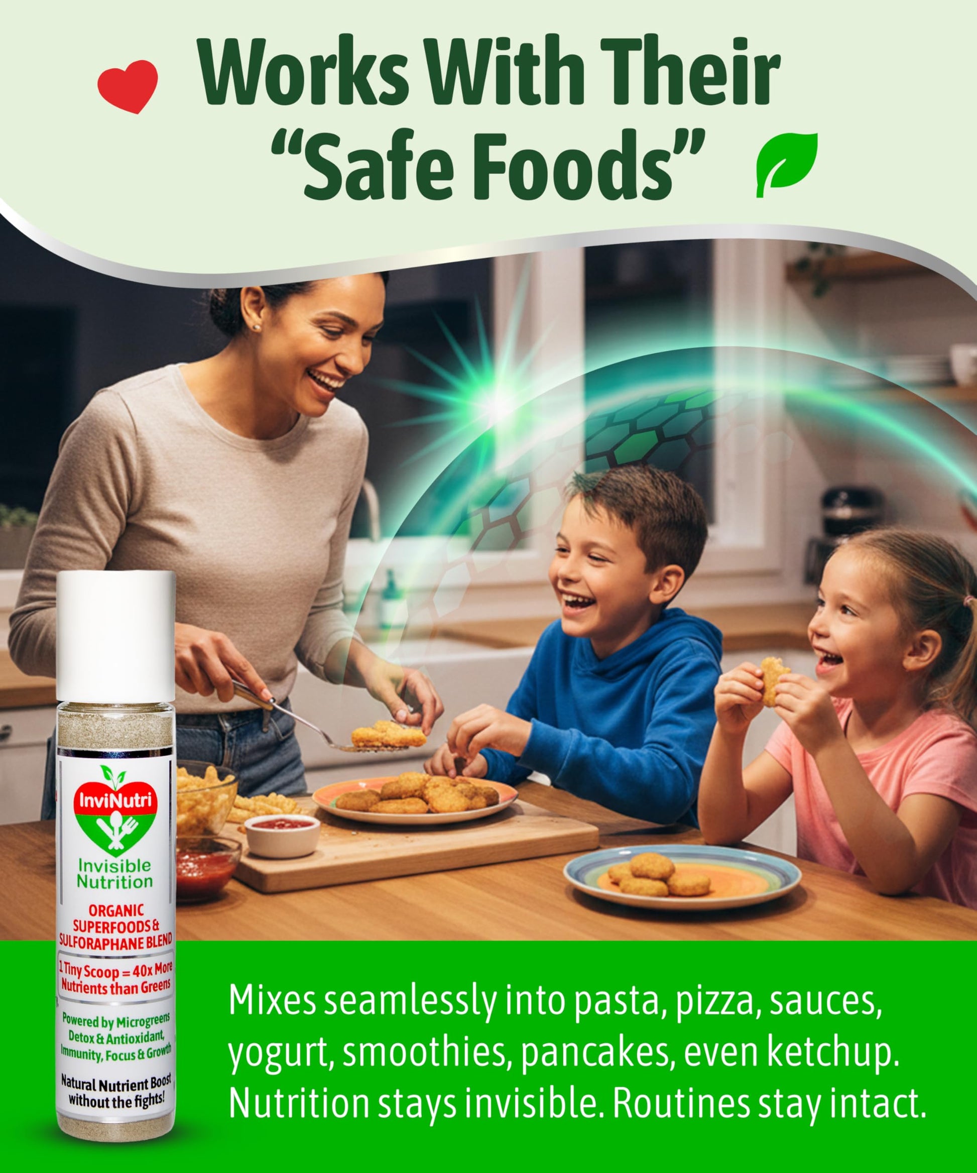 InviNutri Superfood Powder for Sensory & Picky Eaters. A TINY scoop- 40x Nutrient-Rich, 30mg Sulforaphane for Detox. Organic Microgreens, Fruits & Veggies - Blends Invisibly into Most Meals - 24 serv. InviNutri Invisible NutritionAu supplements