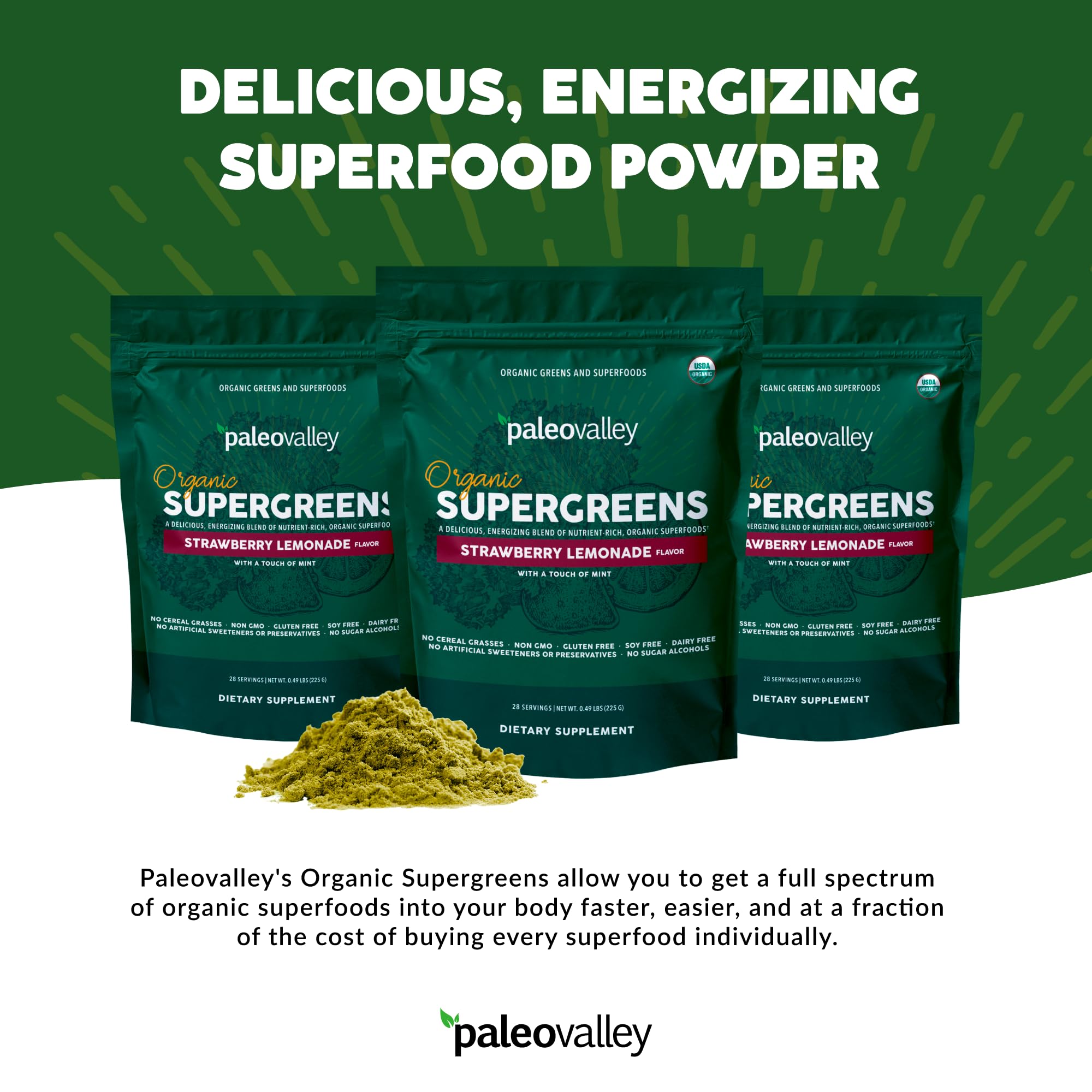 Paleovalley Organic Supergreens - Organic Greens Powder Superfood for Immune Support - Paleo Green Powder Blend - 28 Servings - 23 Superfoods - Gluten Free, No Cereal Grasses, Soy or Grain PaleovalleyUS supplements
