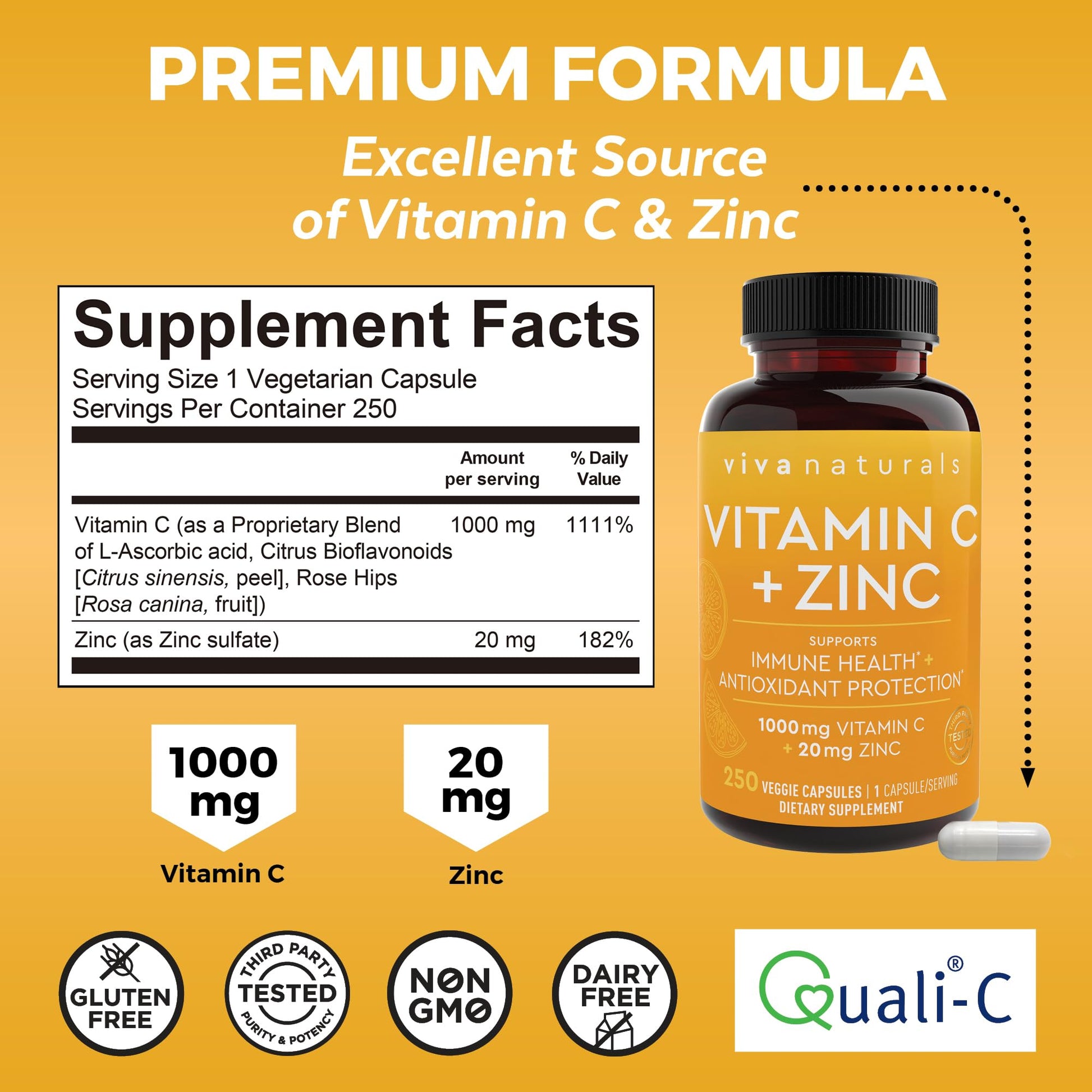 Viva Naturals Vitamin C and Zinc Supplement (250 Capsules) - 1000 mg Vitamin C with Zinc 20 mg Antioxidant Supplements for Immune Support, Vitamin Supplement for Adults Viva NaturalsAu supplements