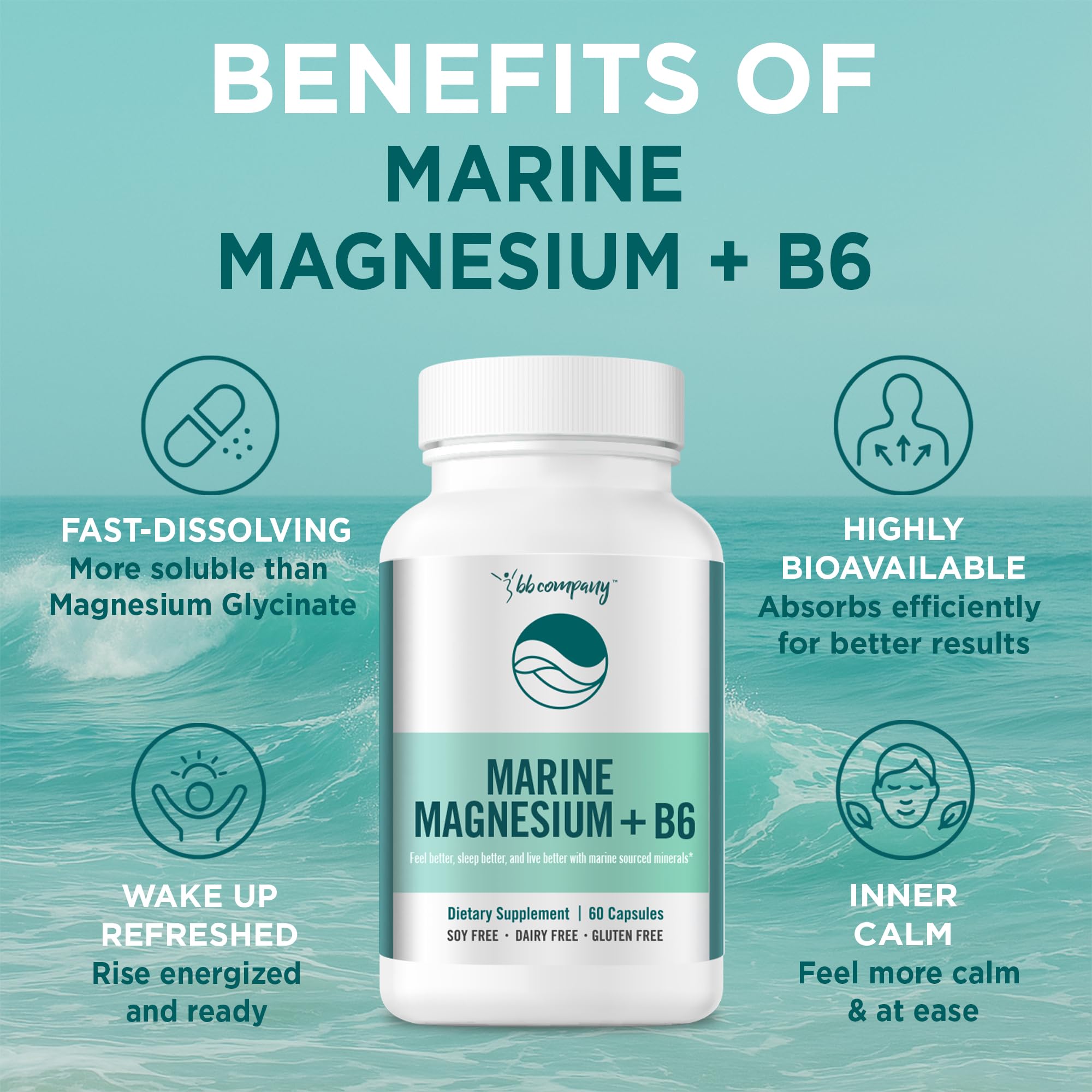 Ocean Magnesium 200mg Aquamin | More Soluble Than Magnesium Glycinate | Whole Food Mag B6 Supplement for Women | Gentle on Stomach & Vegan | Sleep Support, Calms Nerves & Leg Cramps | 60 Ct BB CompanyAu supplements