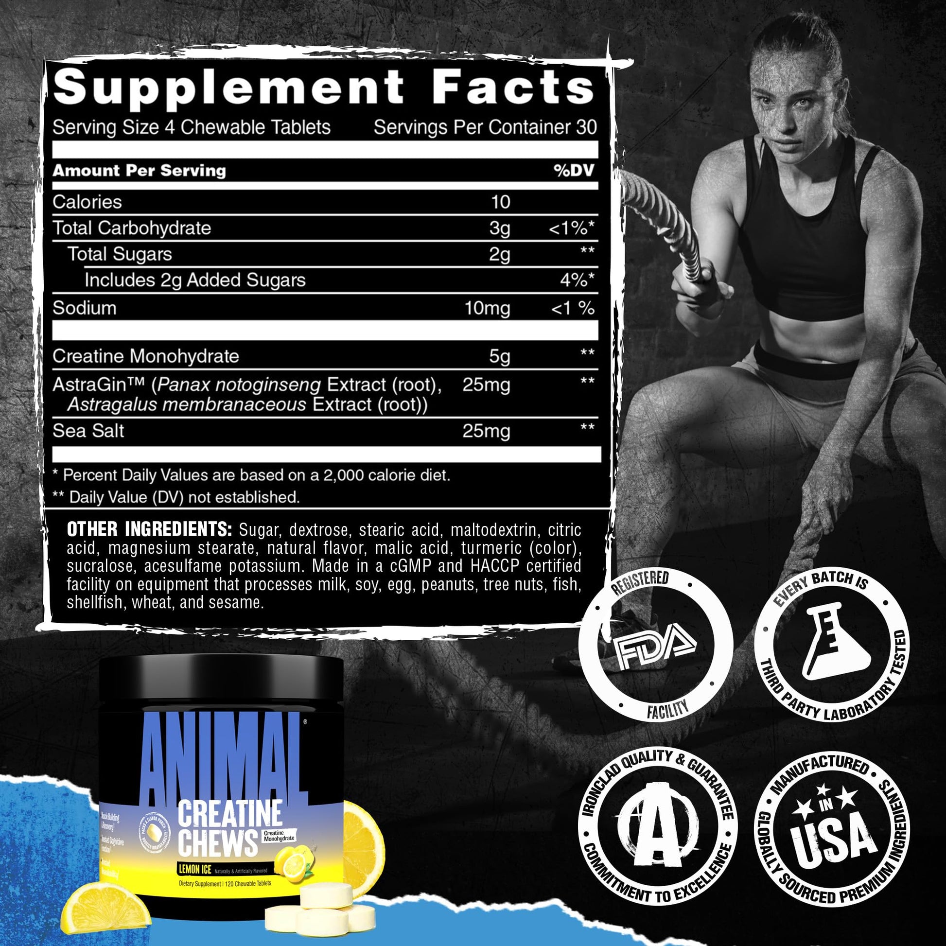 Animal Creatine Chews Tablets - Enhanced Creatine Monohydrate with AstraGin to Improve Absorption, Sea Salt for Added Pumps, Delicious and Convenient Chewable Tablets - Lemon Ice AnimalAu supplements