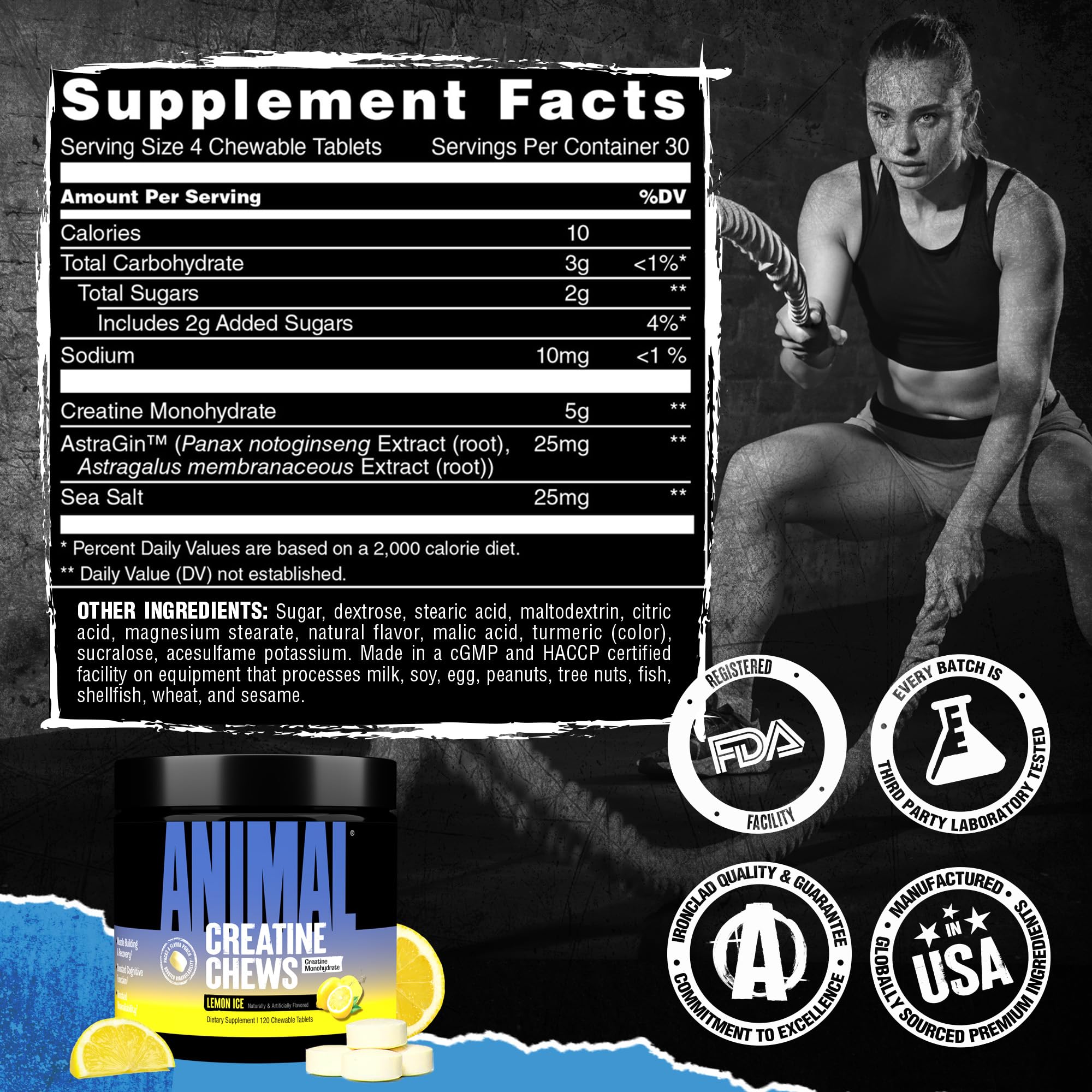 Animal Creatine Chews Tablets - Enhanced Creatine Monohydrate with AstraGin to Improve Absorption, Sea Salt for Added Pumps, Delicious and Convenient Chewable Tablets - Lemon Ice AnimalAu supplements