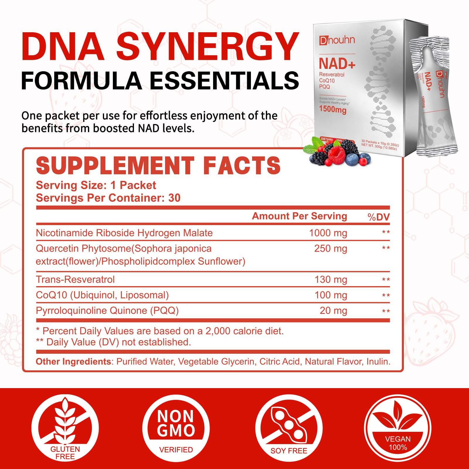DNOUHN NAD Liquid Supplement 1500mg, Nicotinamide Riboside & Resveratrol with PQQ, NAD Supplement for Women & Men, Boosts Cellular Energy, Anti-Aging, Immune, Focus, 30 Packets DNOUHNAu supplements