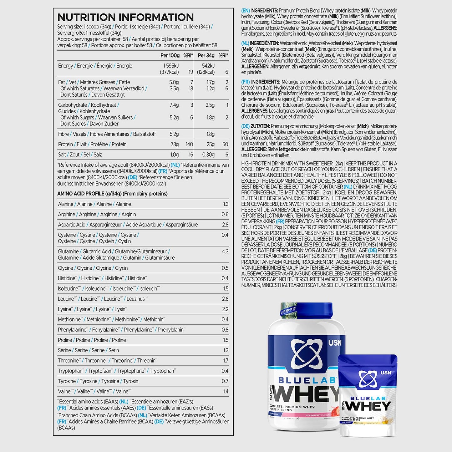USN Blue Lab Whey Protein Powder: Strawberry - Whey Protein 908g - Post-Workout - Whey Isolate USNUS supplements