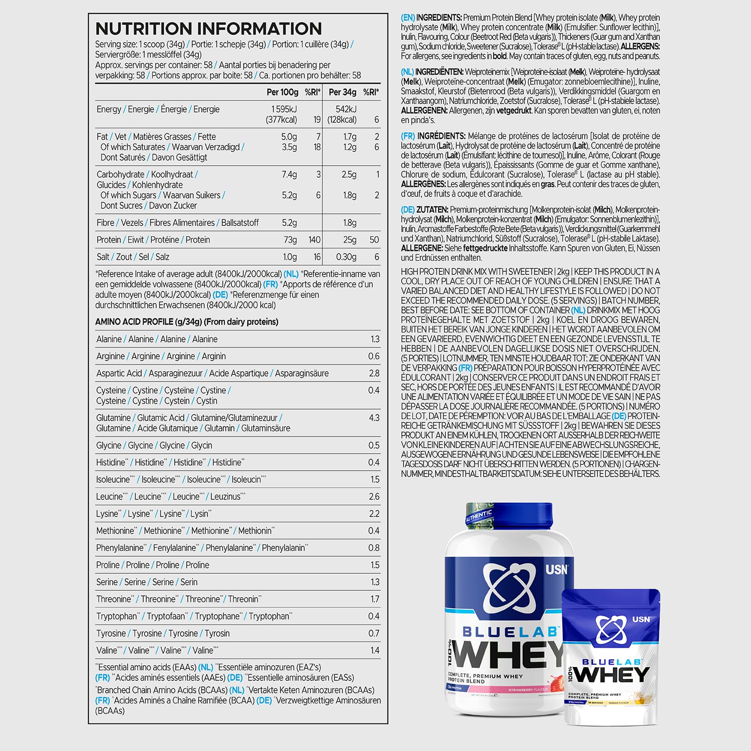 USN Blue Lab Whey Protein Powder: Strawberry - Whey Protein 908g - Post-Workout - Whey Isolate USNAu supplements
