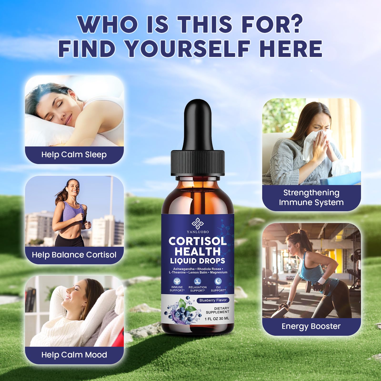 Cortisol Supplements for Women - Cortisol Manager Liquid Drops with Magnesium, Ashwagandha & Rhodiola rosea, L-theanine - Promotes Relaxation & Better Sleep, Mood, Blueberry Flavors, 1FL.OZ(2PC) YANLUOBOAu supplements