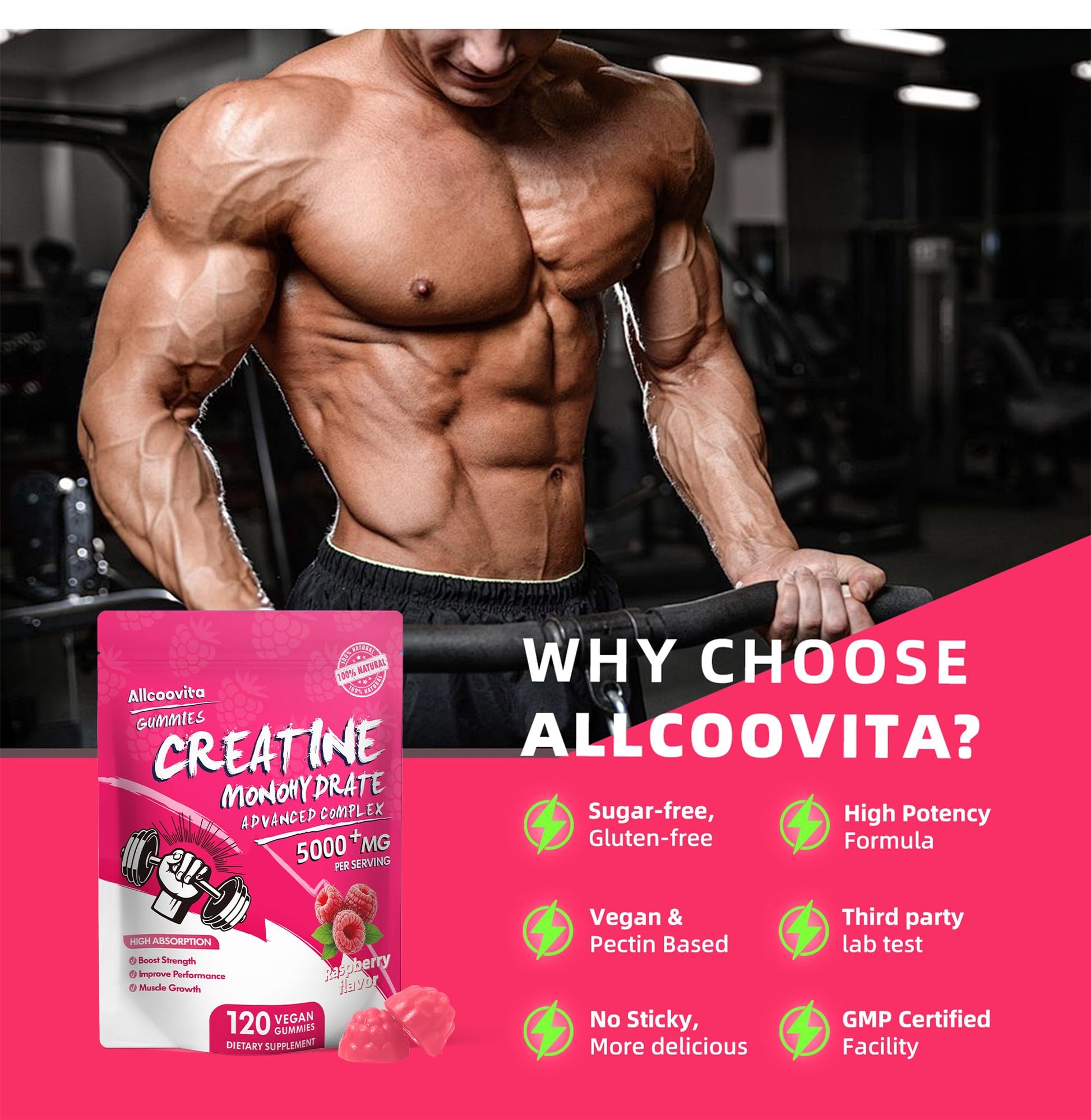 NSF Certified Creatine Gummy - Creatine Monohydrate Gummies 5000mg for Men & Women -120 Gummies Advanced Formula, Muscle Strength, Muscle Builder, Energy Boost, Pre-Workout Supplement-Raspberry AllcoovitaAu supplements