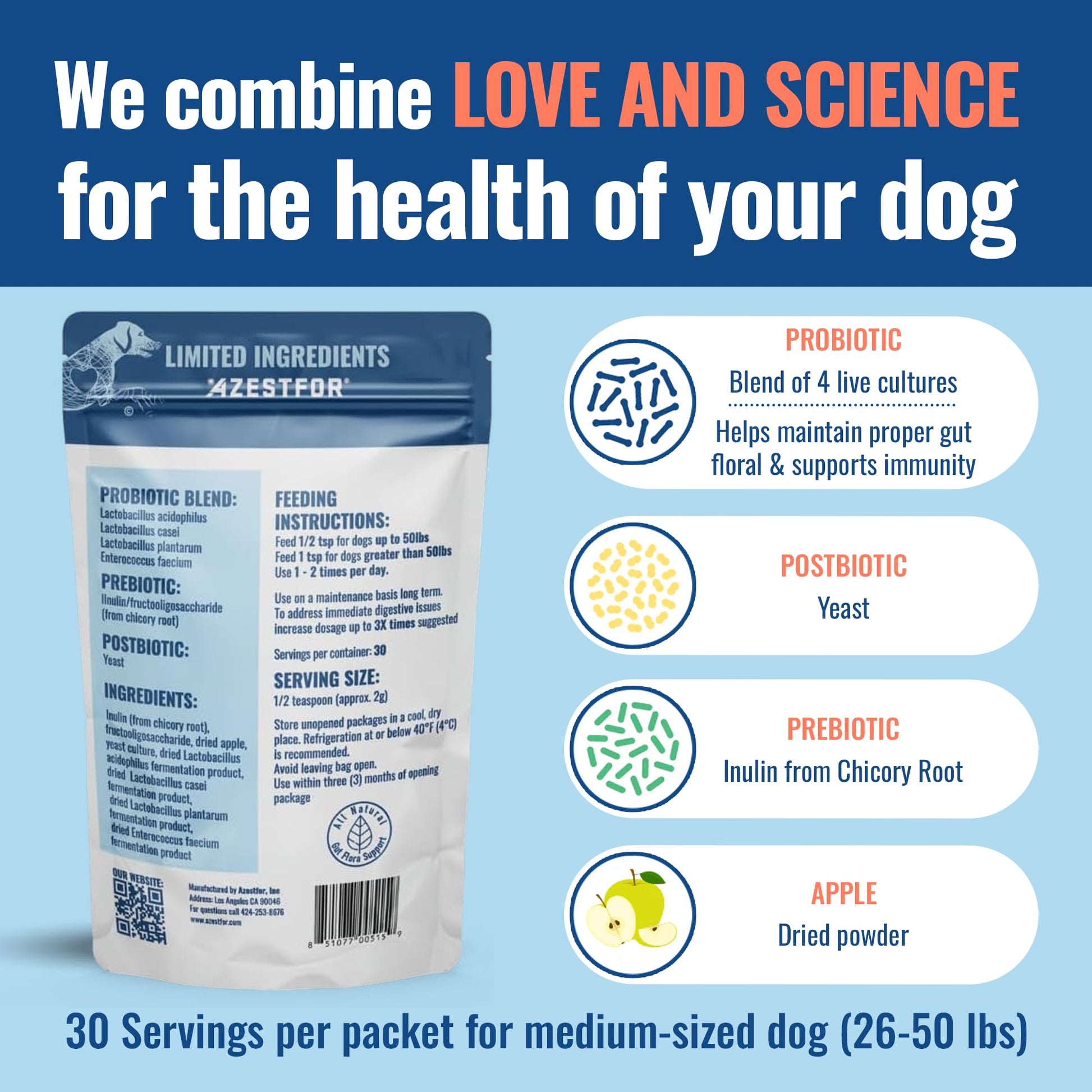 Azestfor Gut Health Supplement for Dogs – 3 in 1 Probiotic, Prebiotic & Postbiotic Blend – Supports Digestion, Immunity & Skin – Easy-to-Use Powder – for All Breeds & Sizes – 60g (30 Servings) AzestforAu supplements