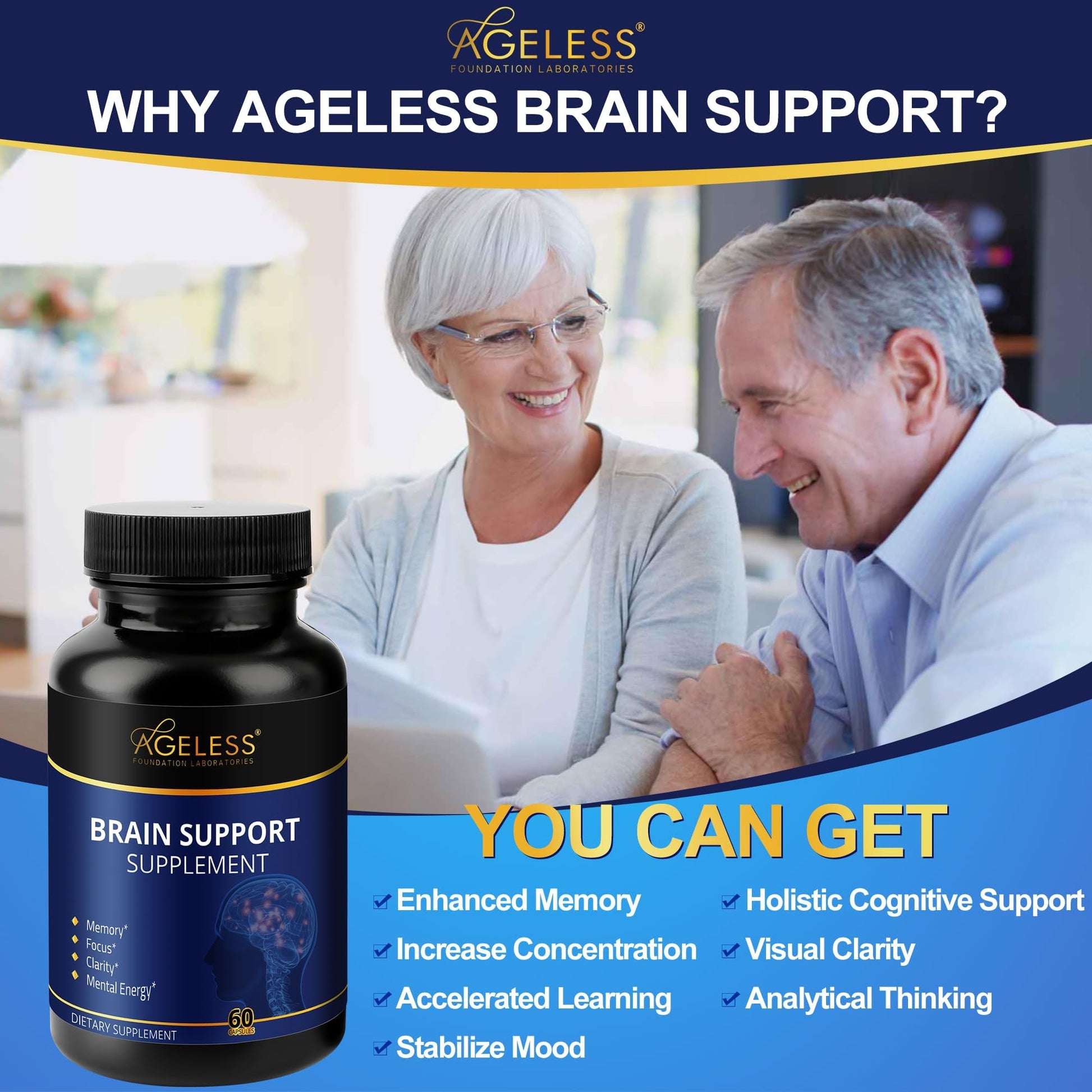 Ageless Brain Supplements for Memory and Focus 1000 MG | Cognitive Improvement | Formulated with Clinically Studied Ingredients | Support Mental Clarity & Neuro Health | Vitamin B6, B12, 60 Capsules Ageless Foundation LaboratoriesAu supplements