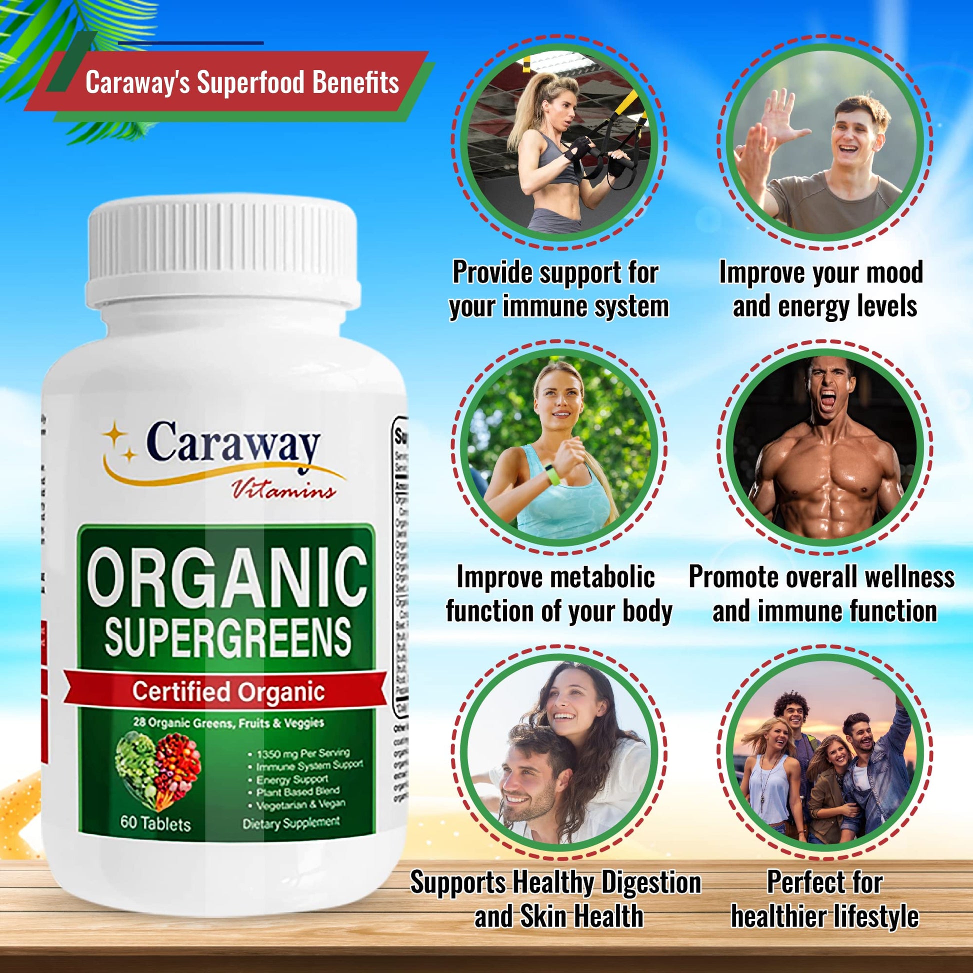 Organic Superfoods Vitamins Super Greens Complex by Caraway Vitamins 1,350 mg per Serving 28 Fruits Vegetables Greens 60 Count Tablets Non-GMO Natural for Men & Women Caraway VitaminsAu supplements