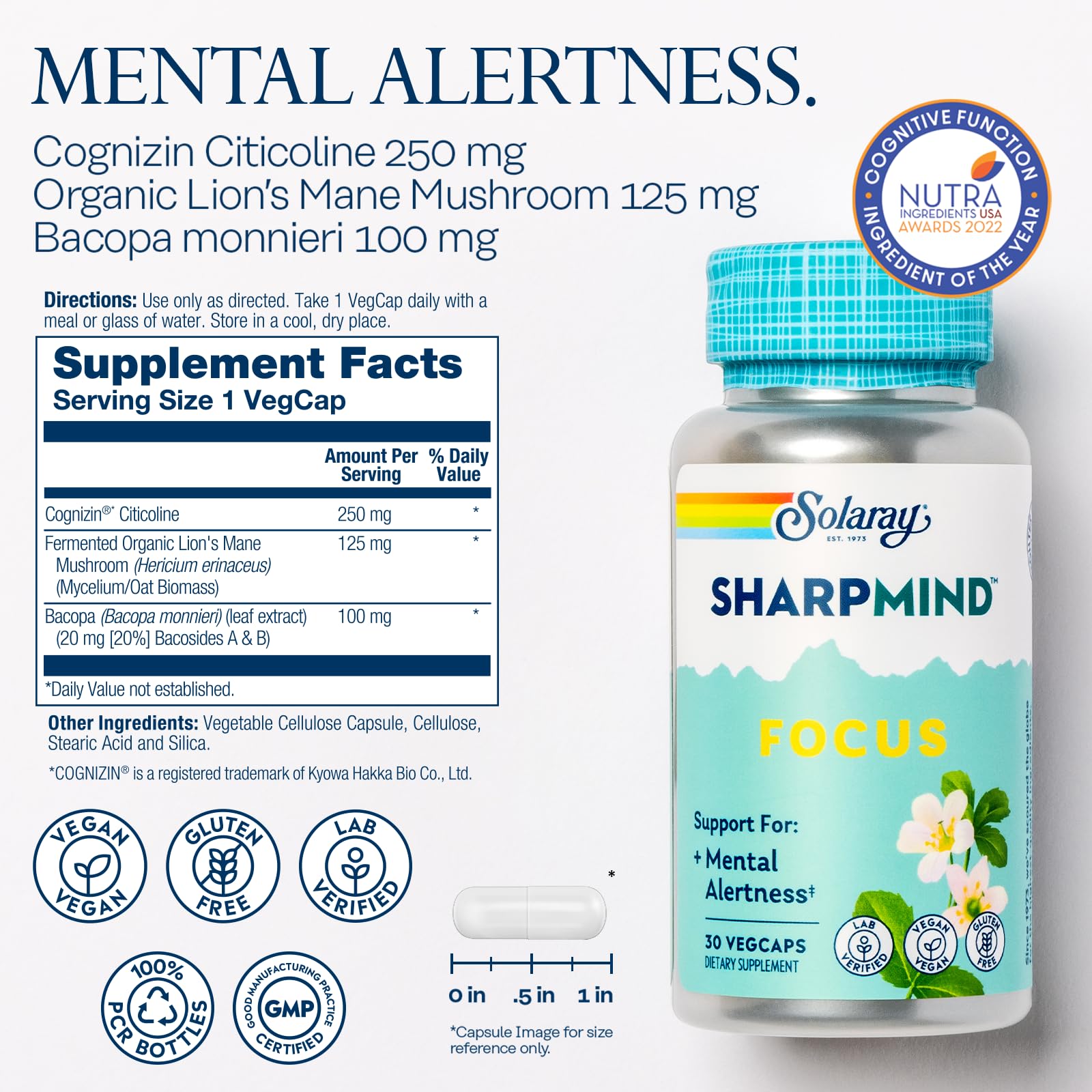 SOLARAY SharpMind Focus, Mental Alertness Nootropic Supplement, Memory Support, Each Capsule with Cognizin Citicoline, Vegan, 60 Day Money Guarantee, 30 Serv 30 Vegetarian Capsules Pills SOLARAYAu supplements