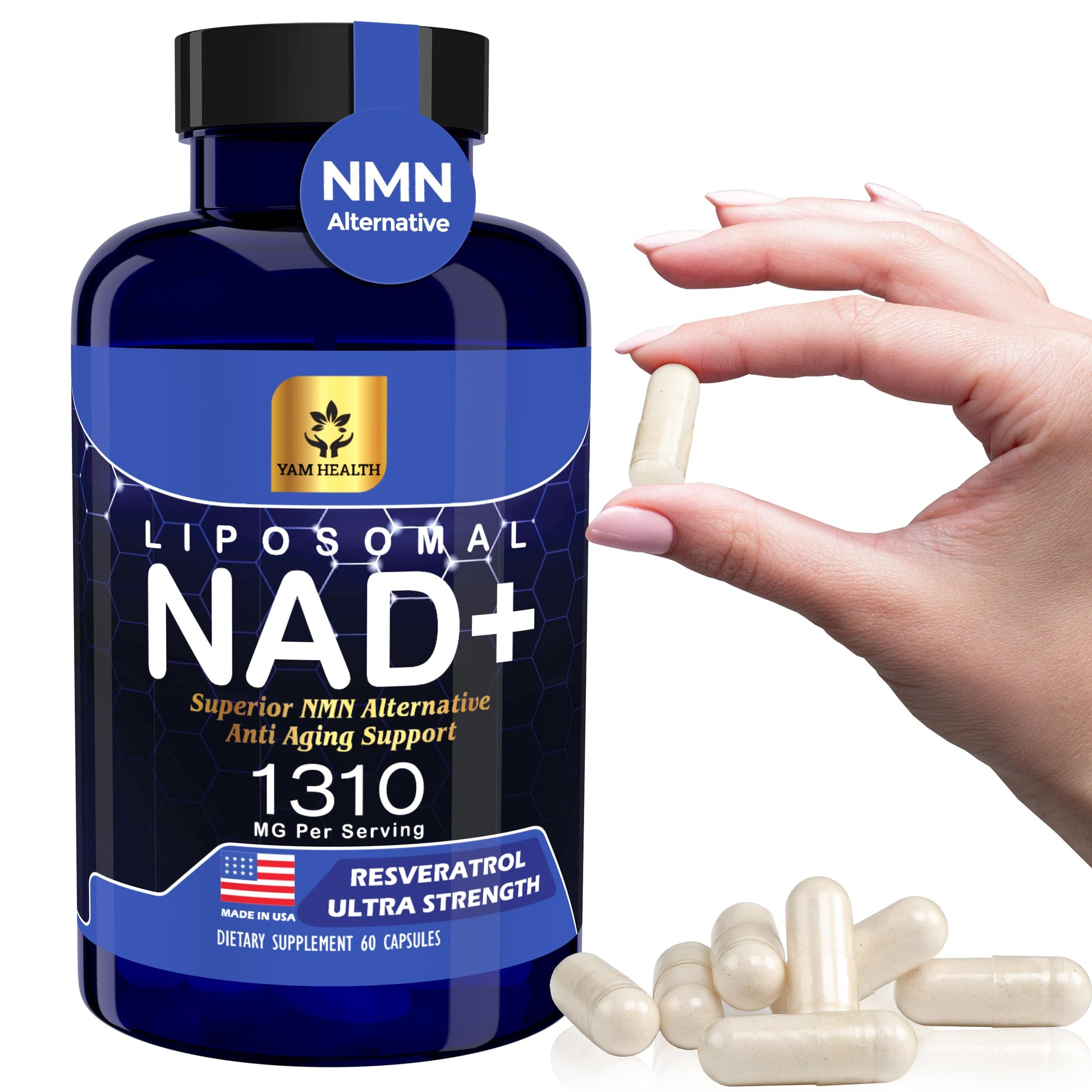 YAM Health Liposomal NAD Nicotinamide Riboside Equivalent with Trans-Resveratrol 300mg, Premium Halal NAD Supplement for Energy Metabolism, DNA Repair and Longevity, Vegan, Non-GMO (60 Count) YAM HealthAu supplements