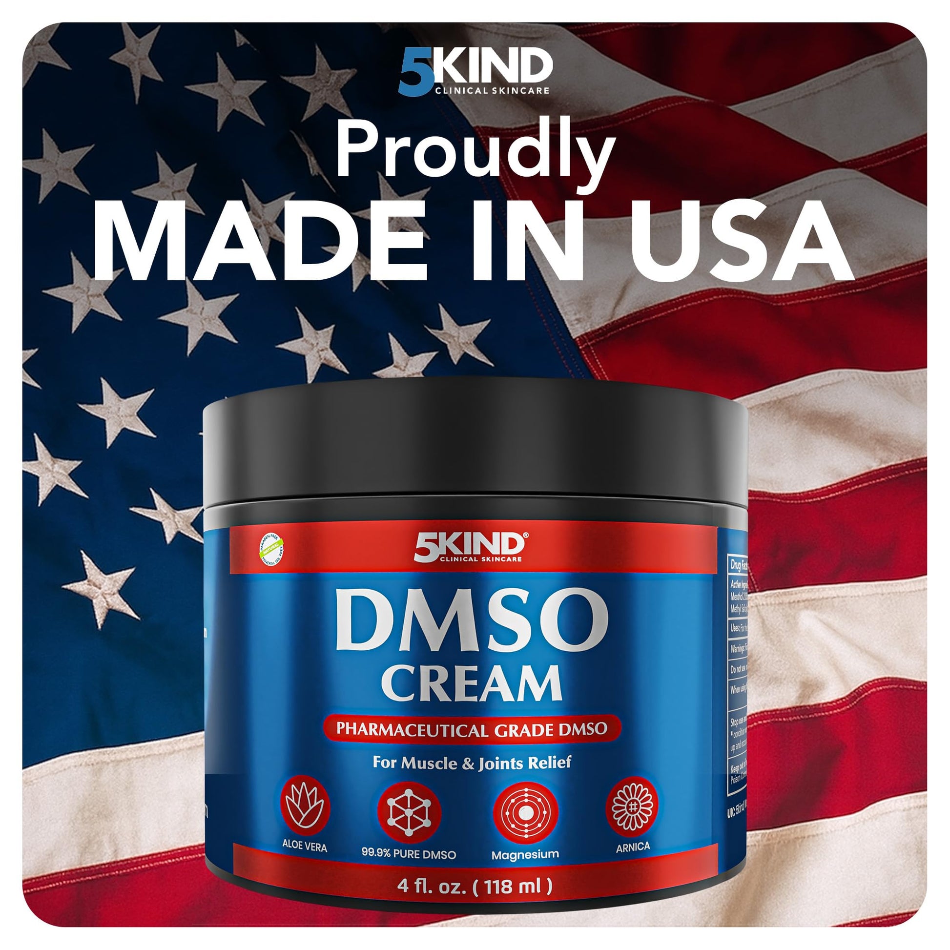 5Kind DMSO Cream for Pain Relief 4 fl oz - 99.9% Pure DMSO Pharmaceutical Grade Cream - Aloe Vera, Magnesium, Arnica & Menthol - Topical Muscle and Joint Pain Relief - Registered NDC - Made in USA 5kind clinical skincareAu supplements