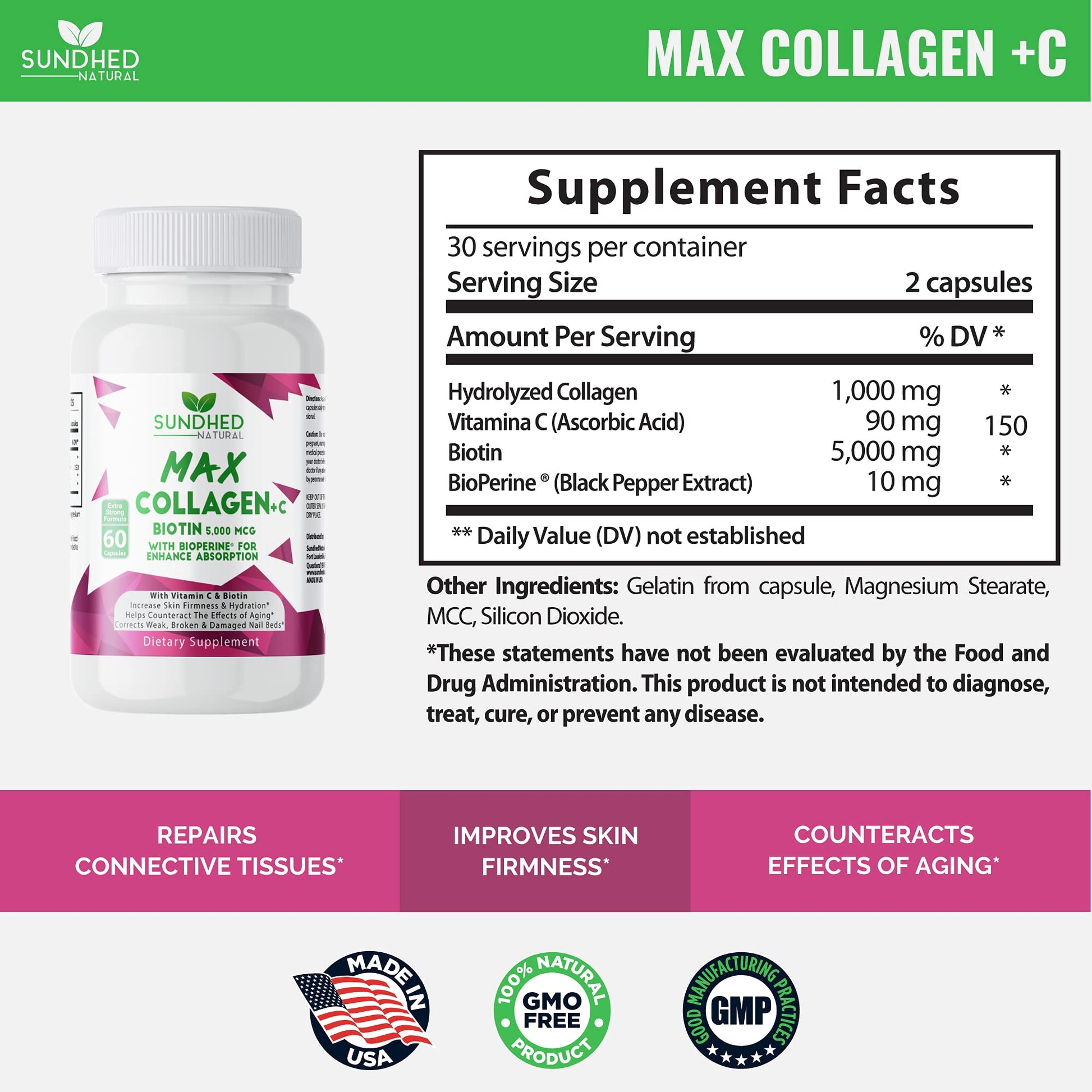 Sundhed Natural Max Collagen Plus C (60 caps) - All Natural Collagen Capsules with Biotin & Bioperine to Boost Anti Aging Hydration & Skin Firmness - Collagen Pills to Strengthen Bones & Nails Sundhed NaturalAu supplements