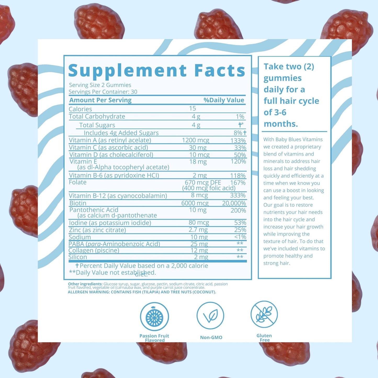 Baby Blues Postpartum Hair Loss Vitamins - Passion Fruit Gummies with Biotin, Collagen, & Folate Baby BluesUS supplements