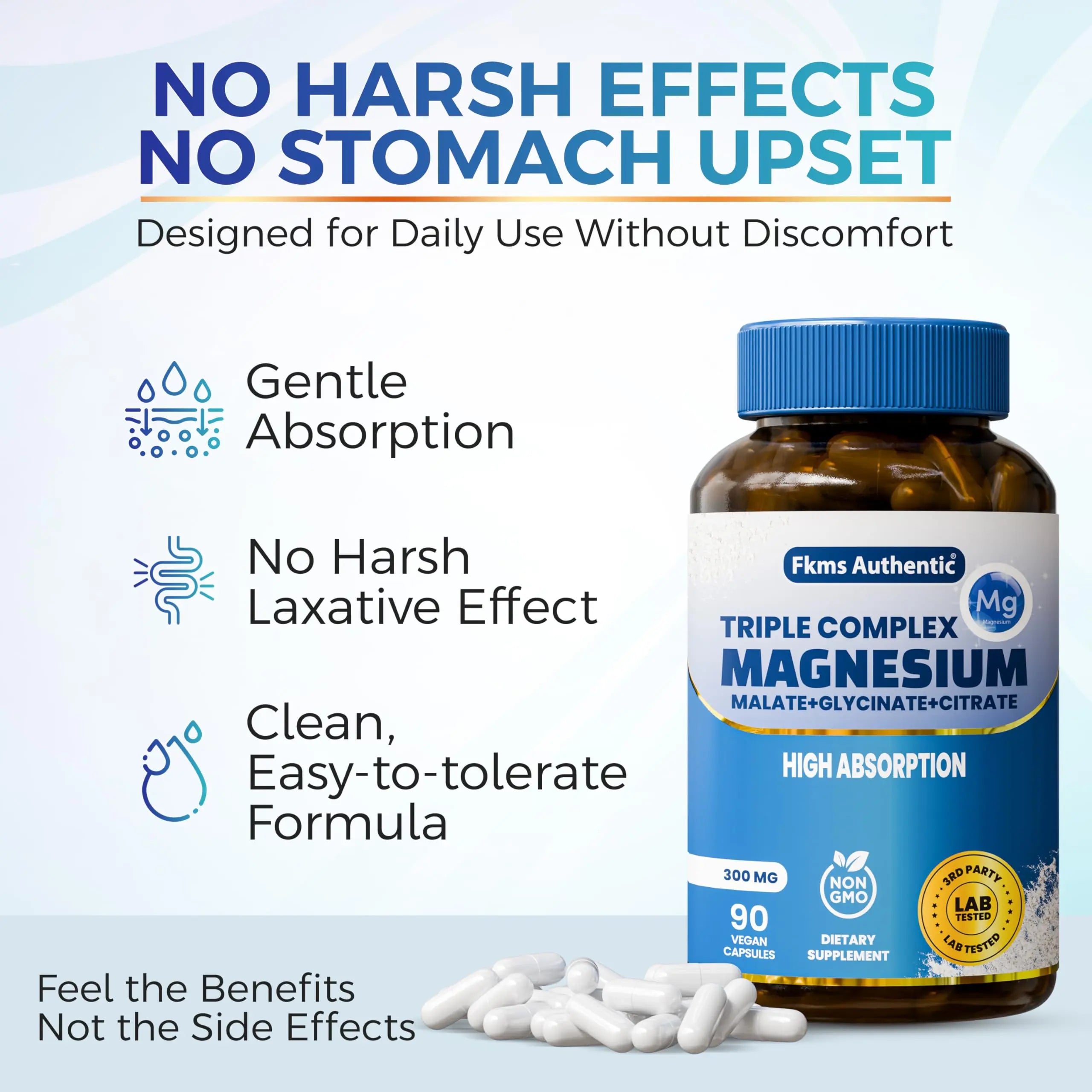 FKMS Authentic Triple Magnesium Complex | 300mg Magnesium Glycinate, Malate & Citrate for Sleep, Stress & Muscle Support | Non-GMO, Vegan, Gentle on Stomach | High Absorption | 90 Capsules FKMS AUTHENTICnz supplements