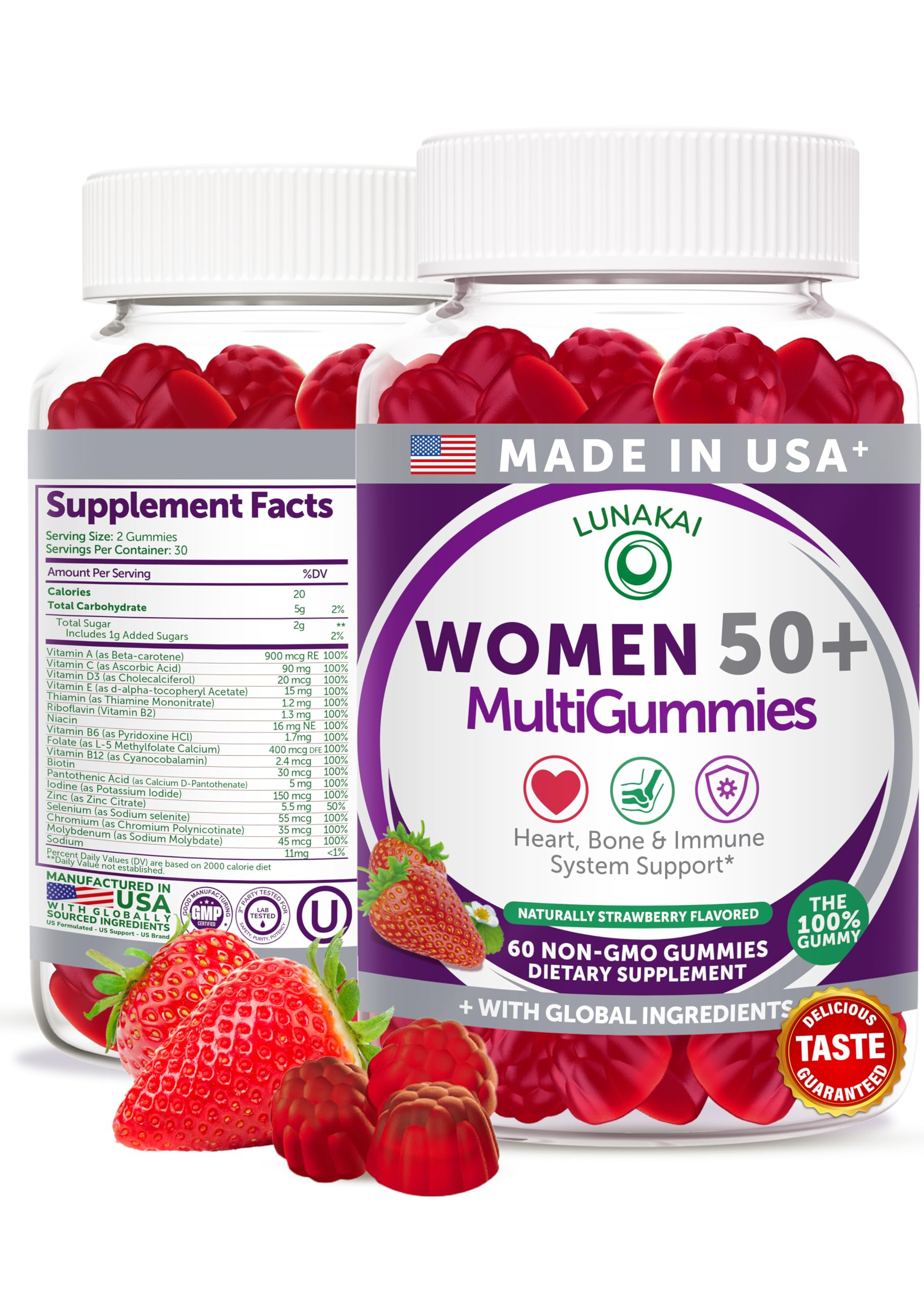 Lunakai USA Made 50 Plus Women's Multivitamin Gummies - Delicious Formula Enhanced with Essential Vitamins & Minerals for Health & Vitality - 60ct LunakaiAu supplements
