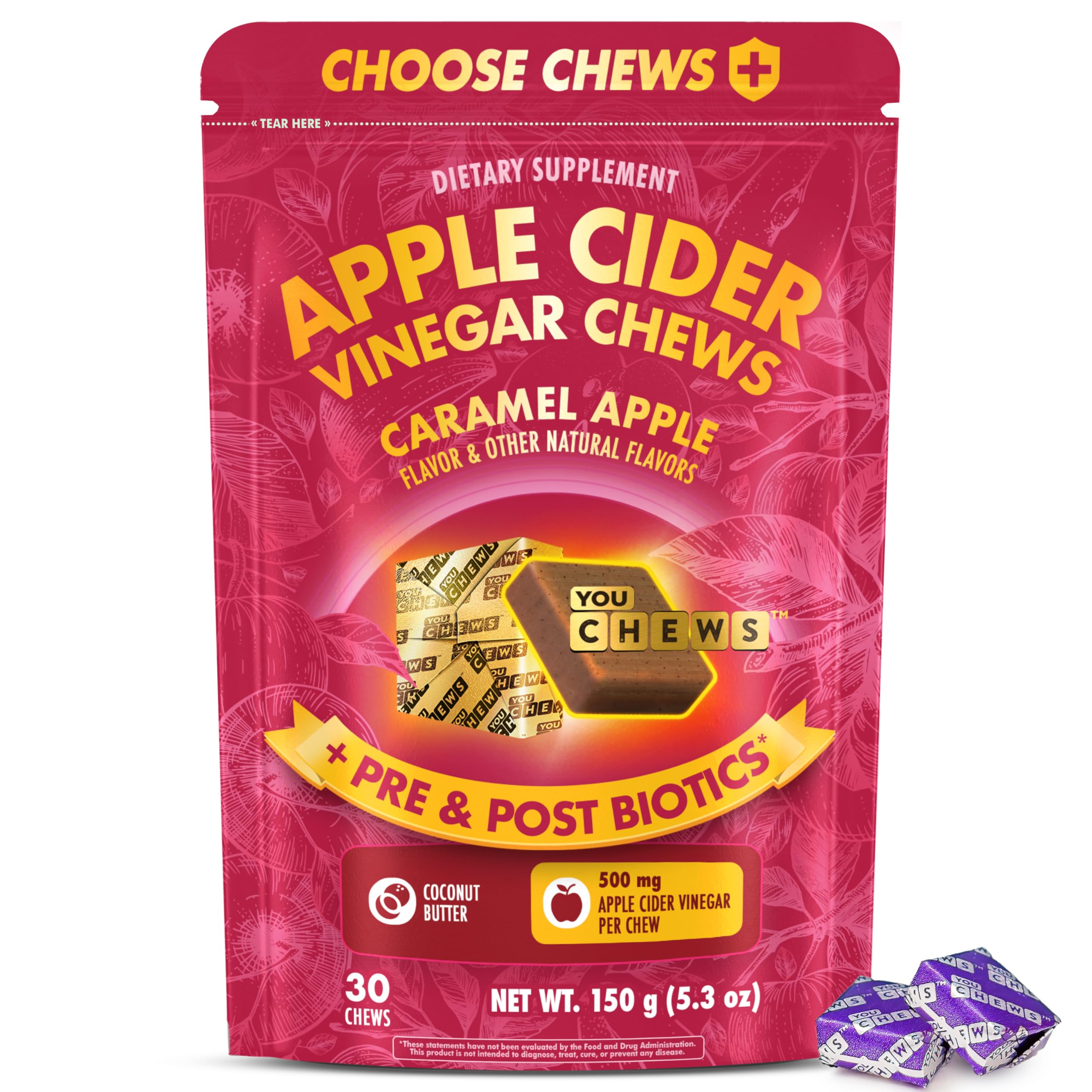 YouChews Apple Cider Vinegar Chews Better Than Apple Cider Gummies - Bloating Relief for Women and Men, 500mg Organic ACV with Prebiotics & Postbiotics, Low Sugar, Caramel Flavor, 30 Count YouChewsAu supplements