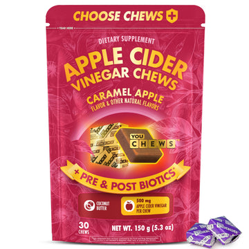 YouChews Apple Cider Vinegar Chews Better Than Apple Cider Gummies - Bloating Relief for Women and Men, 500mg Organic ACV with Prebiotics & Postbiotics, Low Sugar, Caramel Flavor, 30 Count YouChewsAu supplements