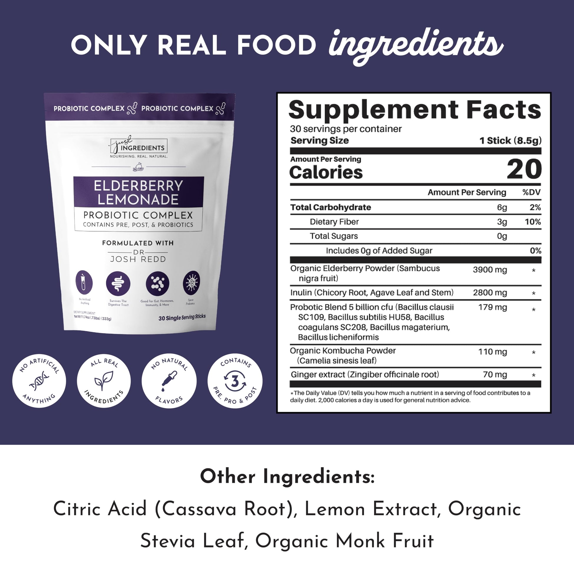 JUST INGREDIENTS Elderberry Lemonade 3-in-1 Probiotic Complex - Prebiotics, Probiotics & Postbiotics - 30 Sticks JUST INGREDIENTSAu supplements