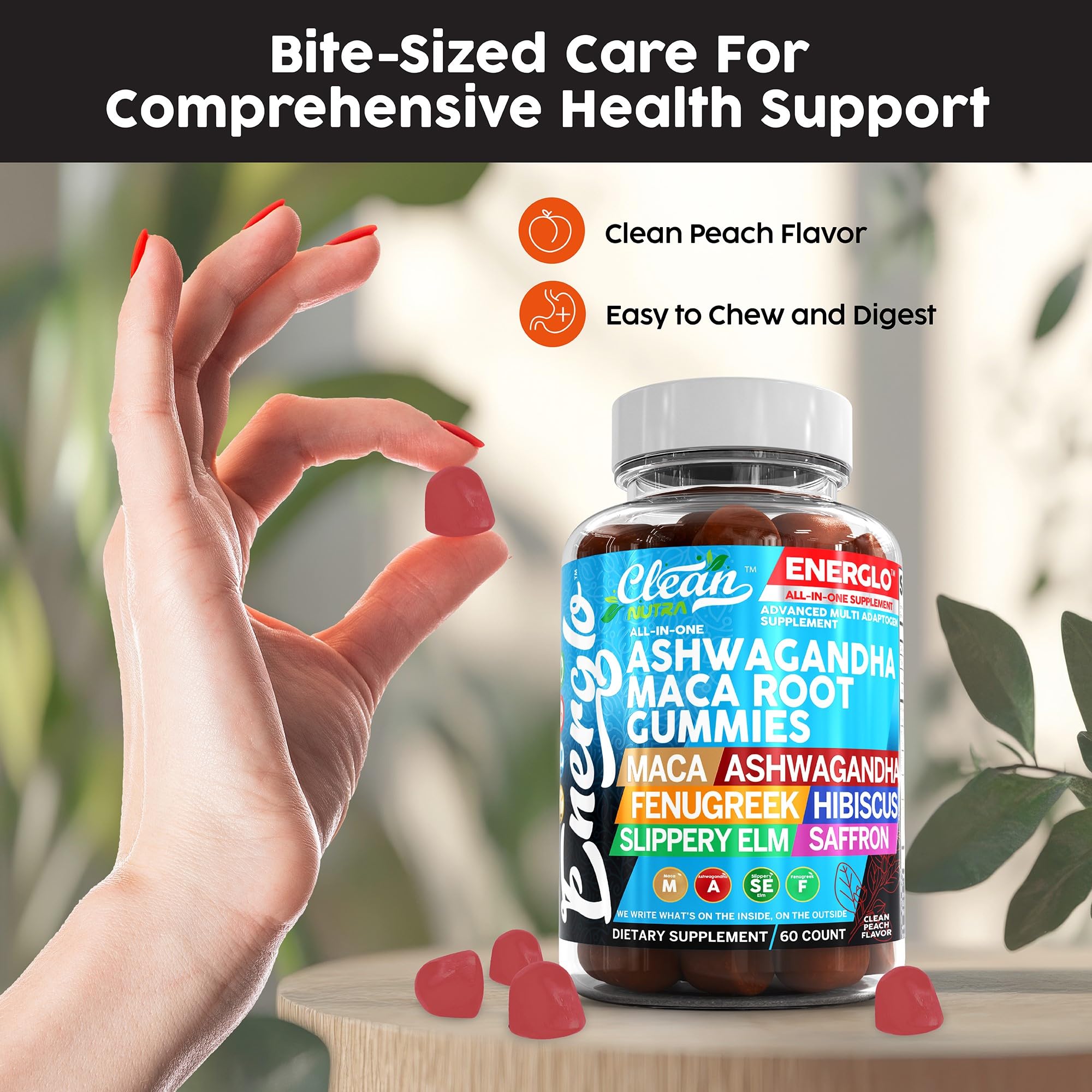 Ashwagandha Maca Root Gummies with Fenugreek Hibiscus Slippery Elm Saffron Extract & Beta Carotene | Peach Flavor Vegan Gummy Vitamins Adaptogen Cortisol Supplement Energlo by Clean Nutra Clean NutraceuticalsAu supplements