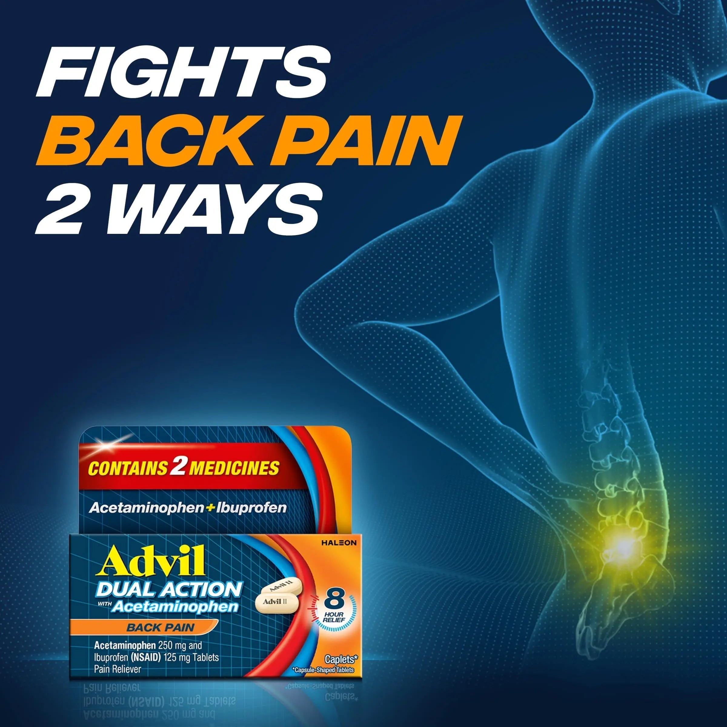 Advil Dual Action Back Pain Caplets Delivers 125mg Ibuprofen and 250mg Acetaminophen Per Dose for 8 Hours of Back Pain Relief - 144 Count AdvilAu supplements