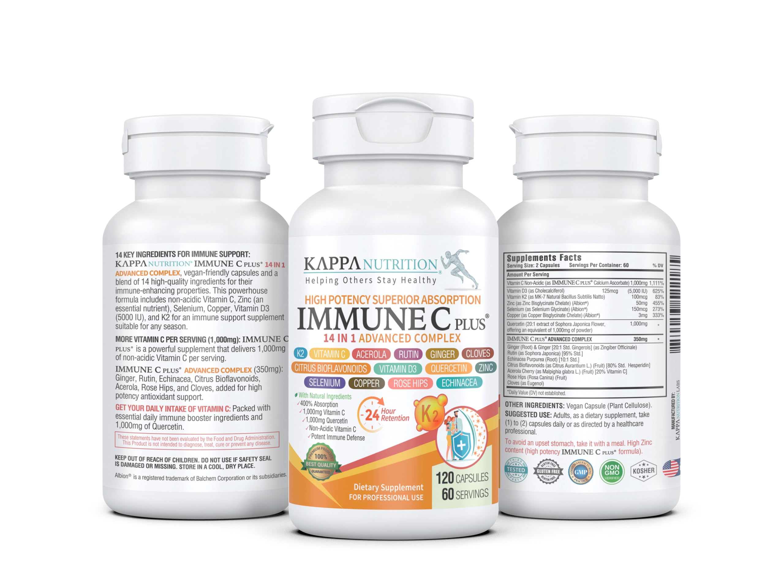 Quercetin 1,000mg, Vitamin C 1,000mg, Zinc 50mg, Vitamin D3 5,000iu, Selenium, Copper, Acerola, Ginger, Rutin, Bitter Orange, Rose Hips, Echinacea, Immune C Plus, 14 in 1 Immune C Plus (120 Count) KAPPA NUTRITIONAu supplements