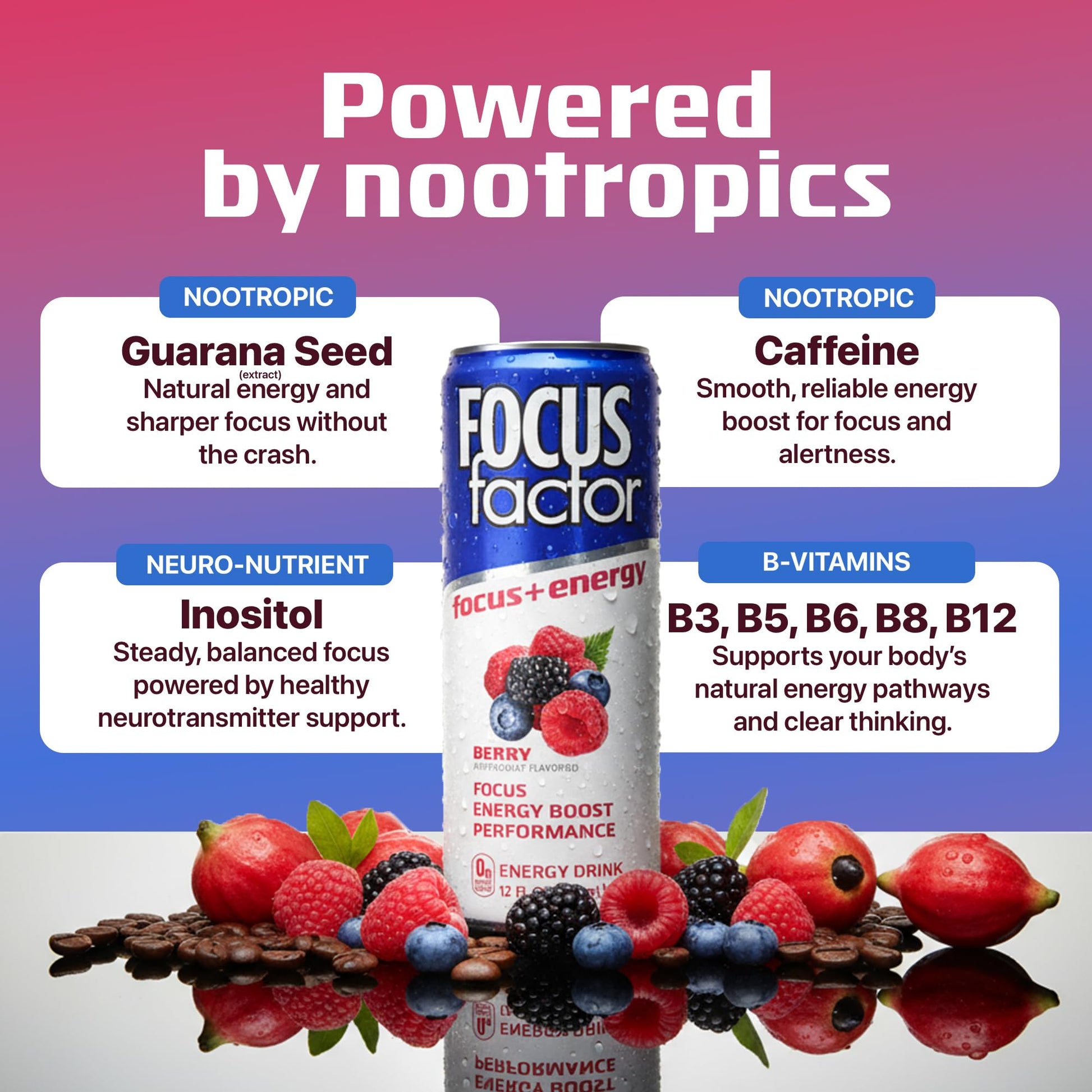 Focus Factor Energy Drink - 12 x 355ml Cans (Berry Flavour) - with Focus + Energy - Lightly Carbonated, Sugar Free, Low Calorie with Vitamin B6 & Vitamin B12 Focus FactorAu supplements