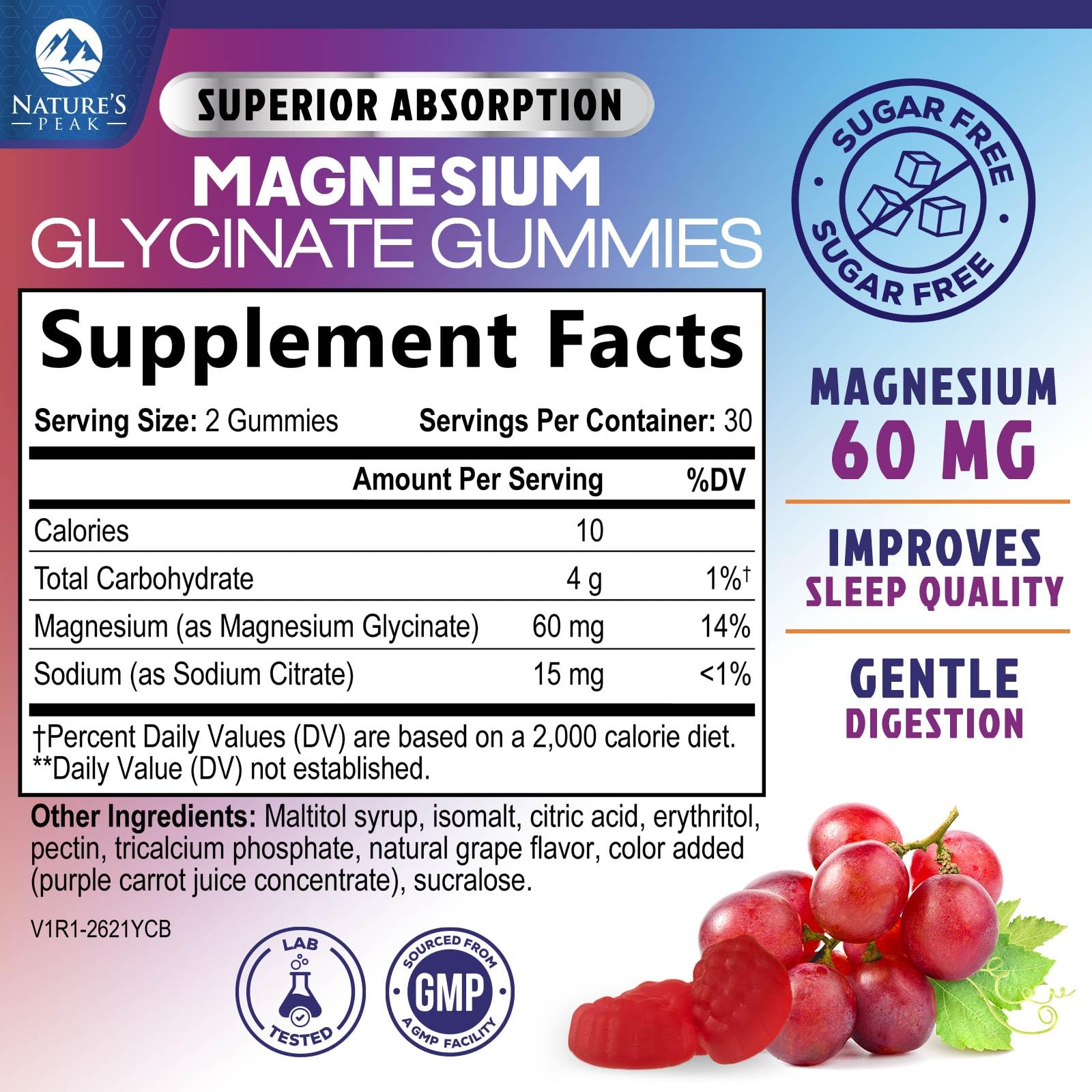 Magnesium Glycinate Gummies - Sugar Free - 100% Chelated Magnesium Gummy Supplement for Max Absorption - for Sleep Support & Heart, Muscle & Bone Health - Gentle on Stomach, Grape Flavor - 60 Gummies Nature's PeakAu supplements