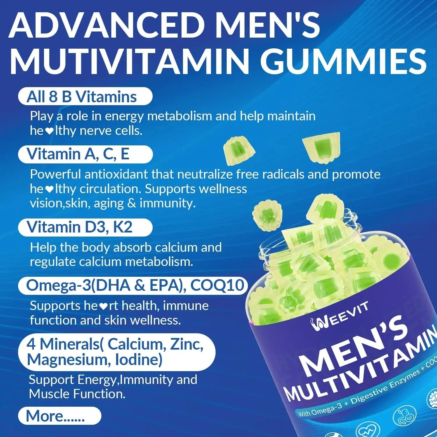 WEEVIT Mens Multivitamins Gummies, Omega 3, CoQ10, Turmeric, Lycopene, Digestive Enzymes, Daily Mens Vitamins A C D E B6 B12 WEEVITAu supplements