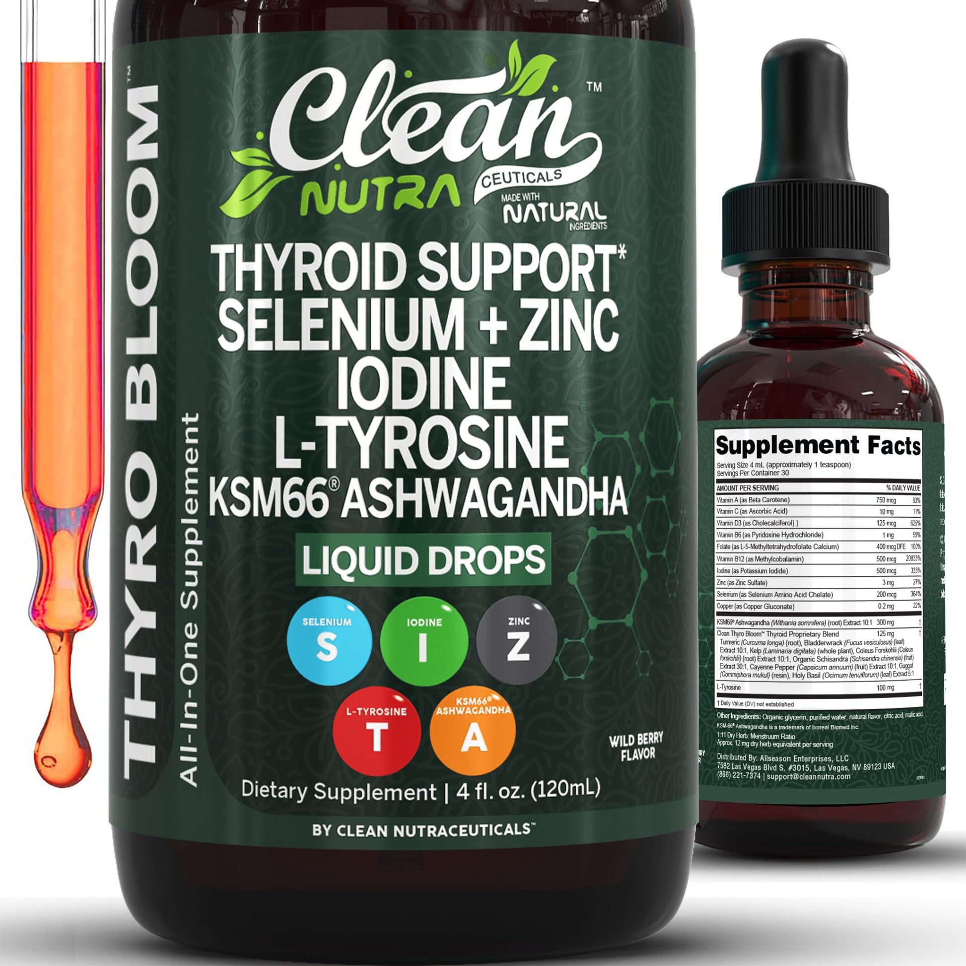 Clean Nutra Thyroid Support Drops Selenium Zinc Iodine L Tyrosine KSM66 Ashwagandha Vitamin D3 B12 A C Turmeric Kelp Schisandra Guggul Cayenne Basil Liquid Supplement Folate Copper Thyro Bloom Drop Clean NutraceuticalsAu supplements