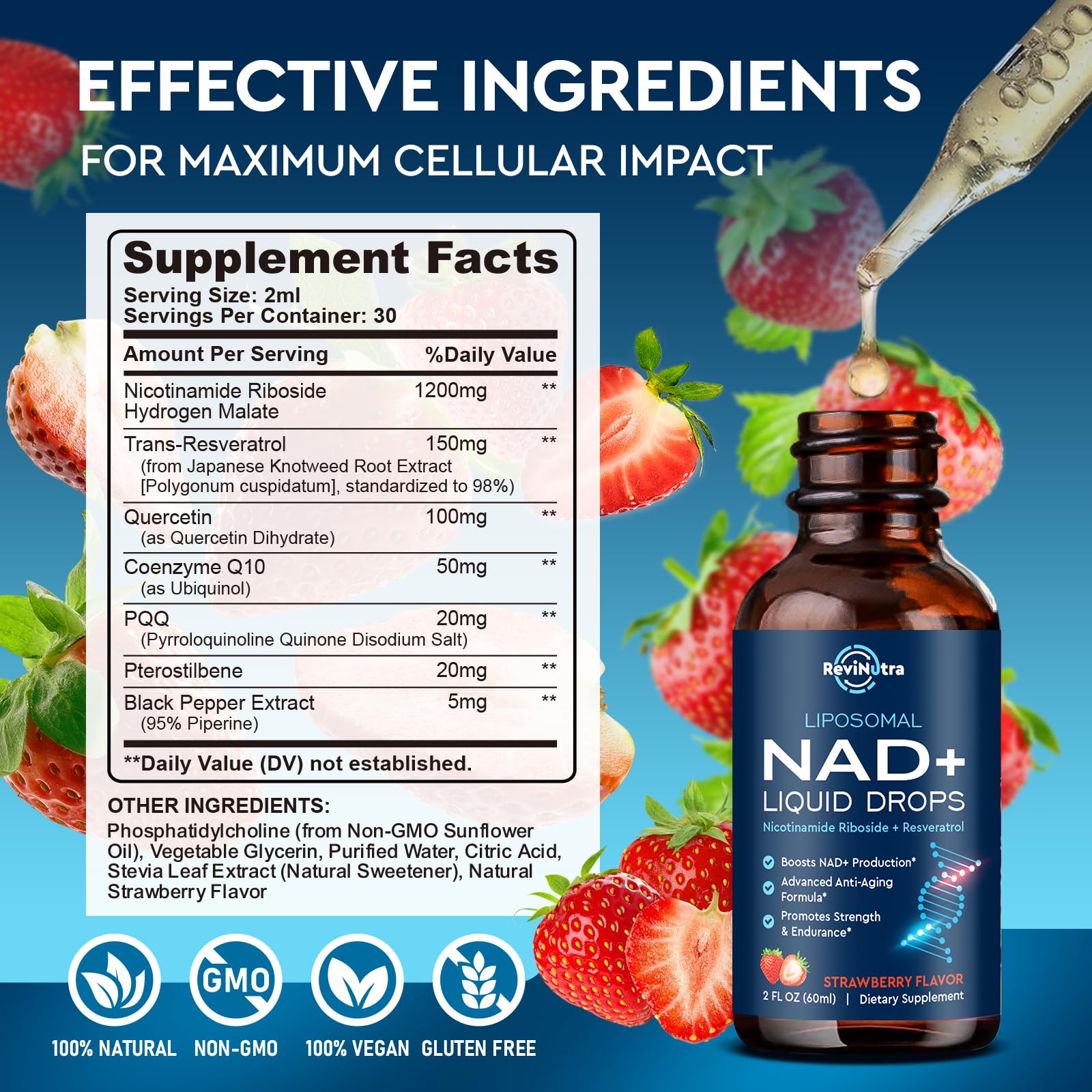 Liposomal NAD+ Liquid Supplement, Nad Resveratrol Supplement for Women & Men, Nicotinamide Riboside with PQQ, CoQ10, Quercetin for Anti-Aging, Brain, Cellular Energy Health, Strawberry Flavor, 2 Fl Oz ReviNutraAu supplements