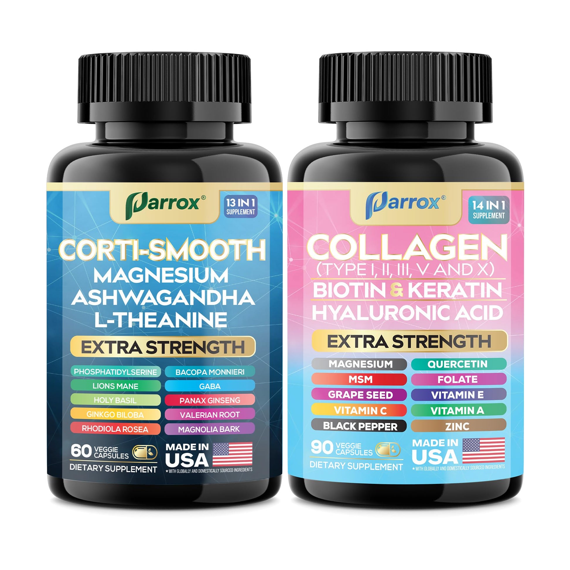 Parrox Shining Serenity Set, Cortisol Support with Ashwagandha, L-Theanine, Magnesium, Lions Mane, GABA, Bacopa Monnieri, Collagen I, II, III, V, X, Folate, Biotin, Keratin, Hyaluronic Acid, Quercetin ParroxAu supplements
