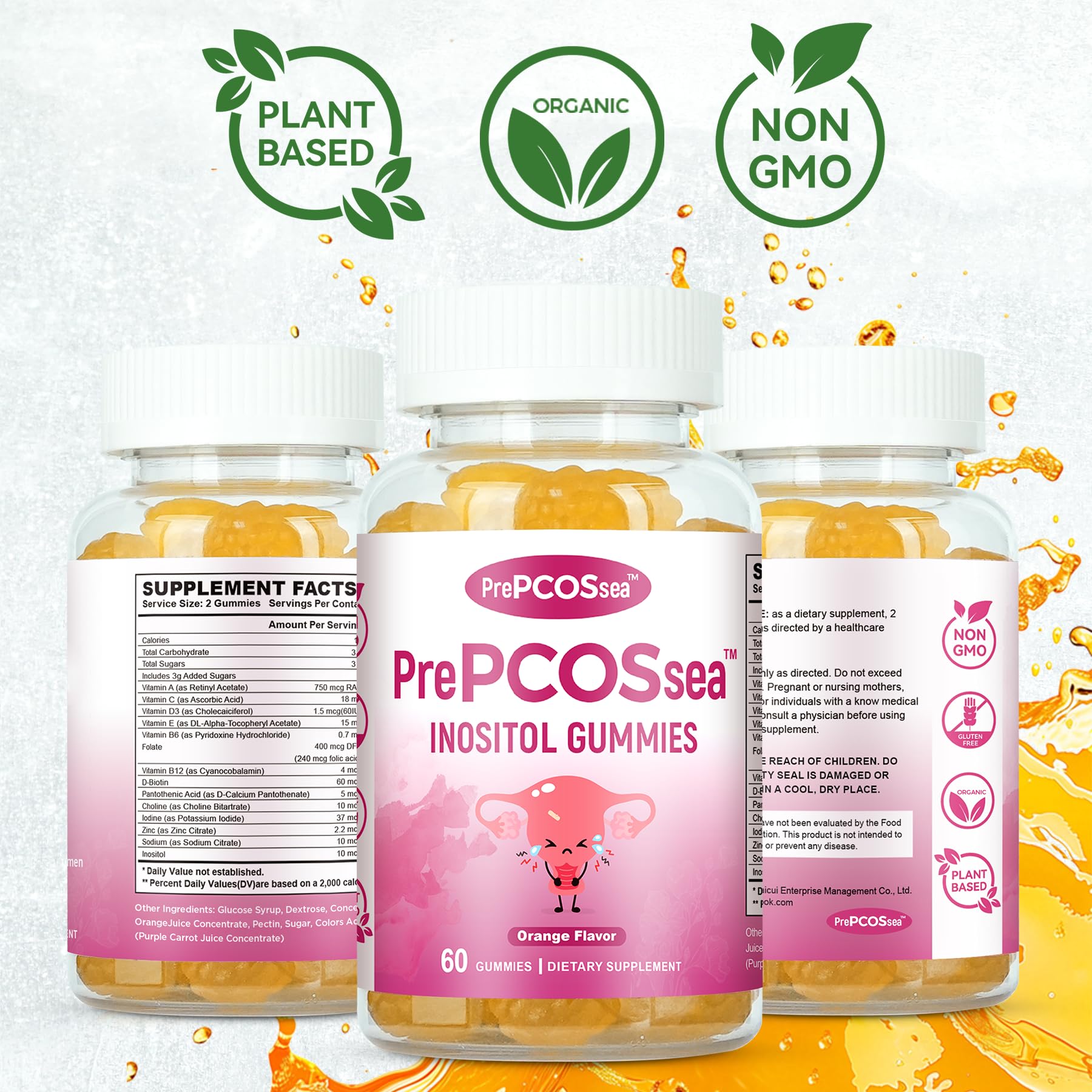 Feelherbs PrePCOSsea Inositol Gummies Vitamins, 2 Pack Orange Flavor Myo-Inositol Vitamin Gummies with Folate, B6, B12 & D-Biotin, 60 Count Soft Chews FeelherbsAu supplements