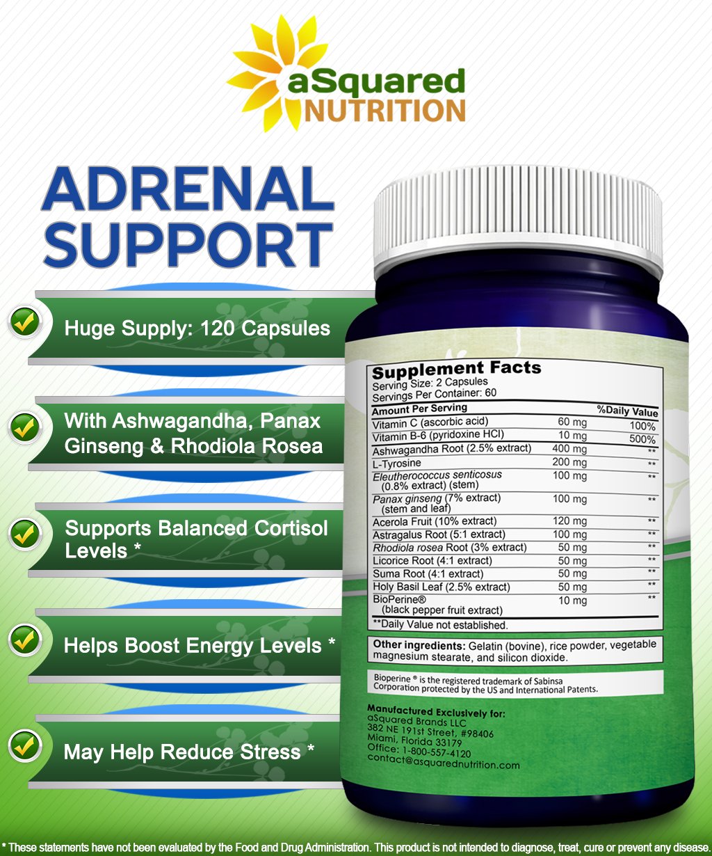 aSquared Nutrition Adrenal Support & Cortisol Manager Supplement (120 Capsules)-Adrenal Health w/Vitamin C Complex Pills to Support Fatigue & Stress Relief-Ashwagandha, L-Tyrosine, Rhodiola & Ginseng aSquared NutritionAu supplements