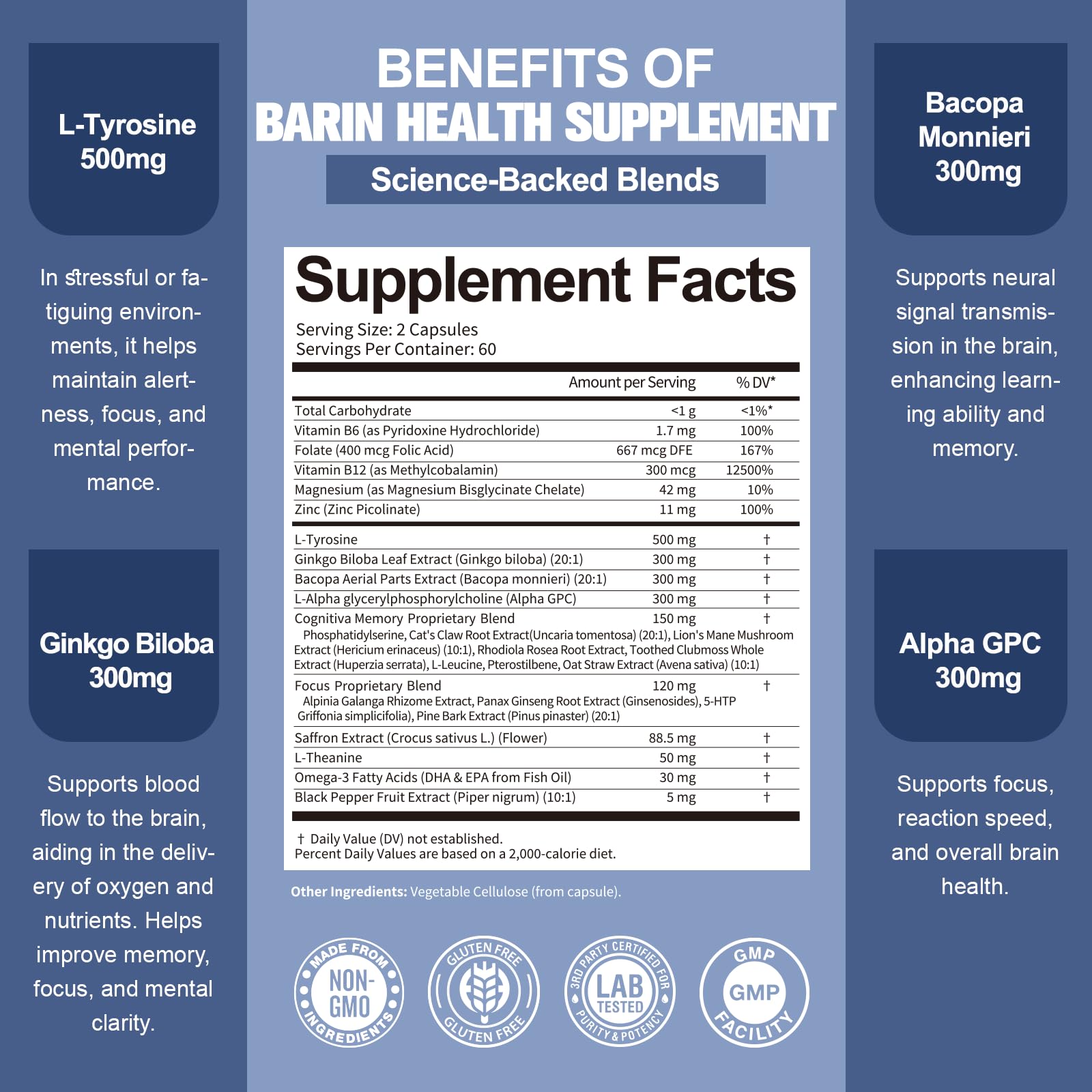 Totara Brain Supplements for Memory and Focus丨Non-Caffeinated Energy with L-Tyrosine, Alpha GPC, Ginkgo Biloba, Bacopa Monnieri, Saffron – Gluten Free, Non-GMO for Neuro & Brain Health (120 Counts) TotariaAu supplements