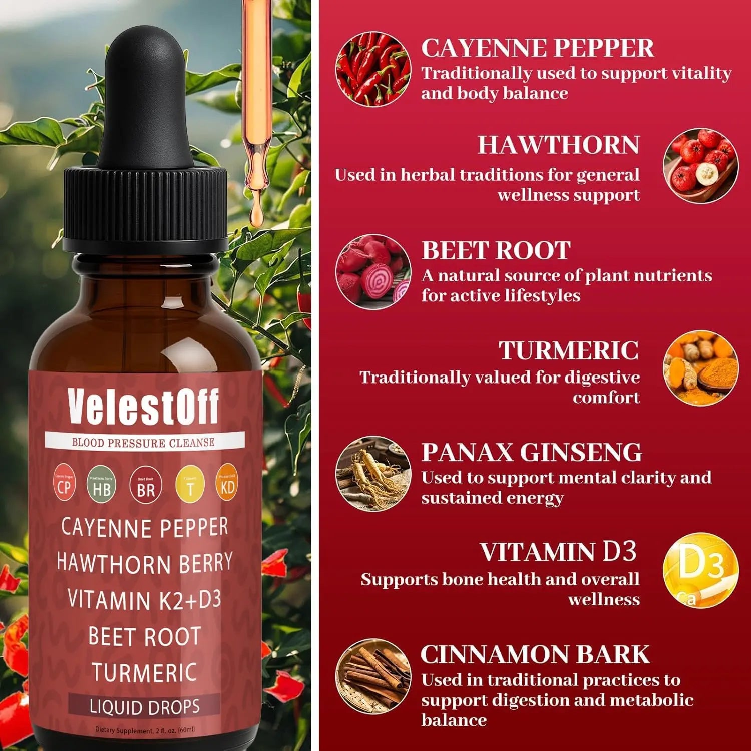Velestoff Cayenne Pepper | Cayenne Heart & Circulation Blend – Botanical Extracts with Hawthorn, Beet Root, Turmeric, Vitamin K2 & D3 – Daily Wellness Drops (2 fl oz) (1) DFTLUUEnz supplements