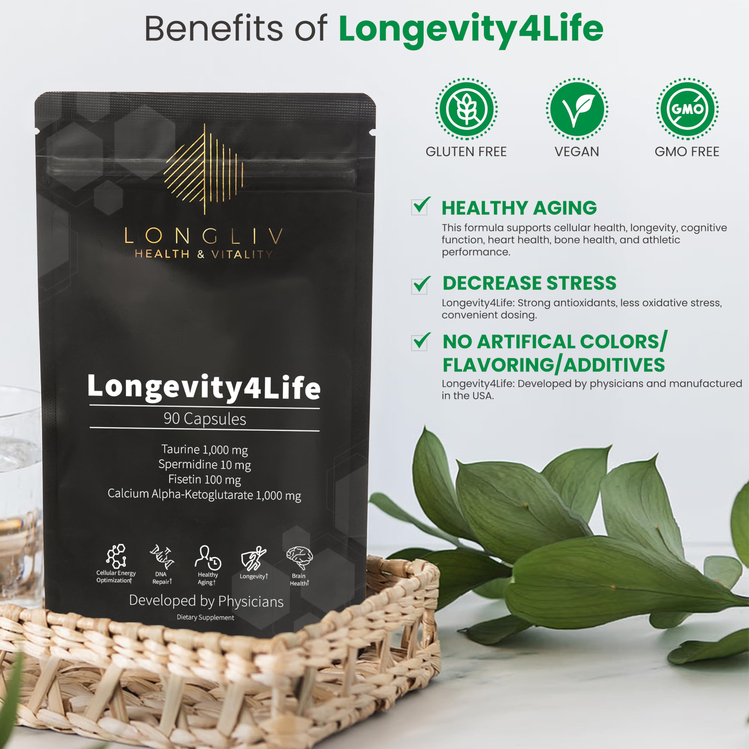 Longevity4Life - Ultimate Cellular Health Supplement - Fisetin, Taurine, Calcium Alpha-Ketoglutarate, and Spermidine Capsules for Longevity and Vitality - Made in USA - Physician Formulated LongLiv Health and VitalityAu supplements
