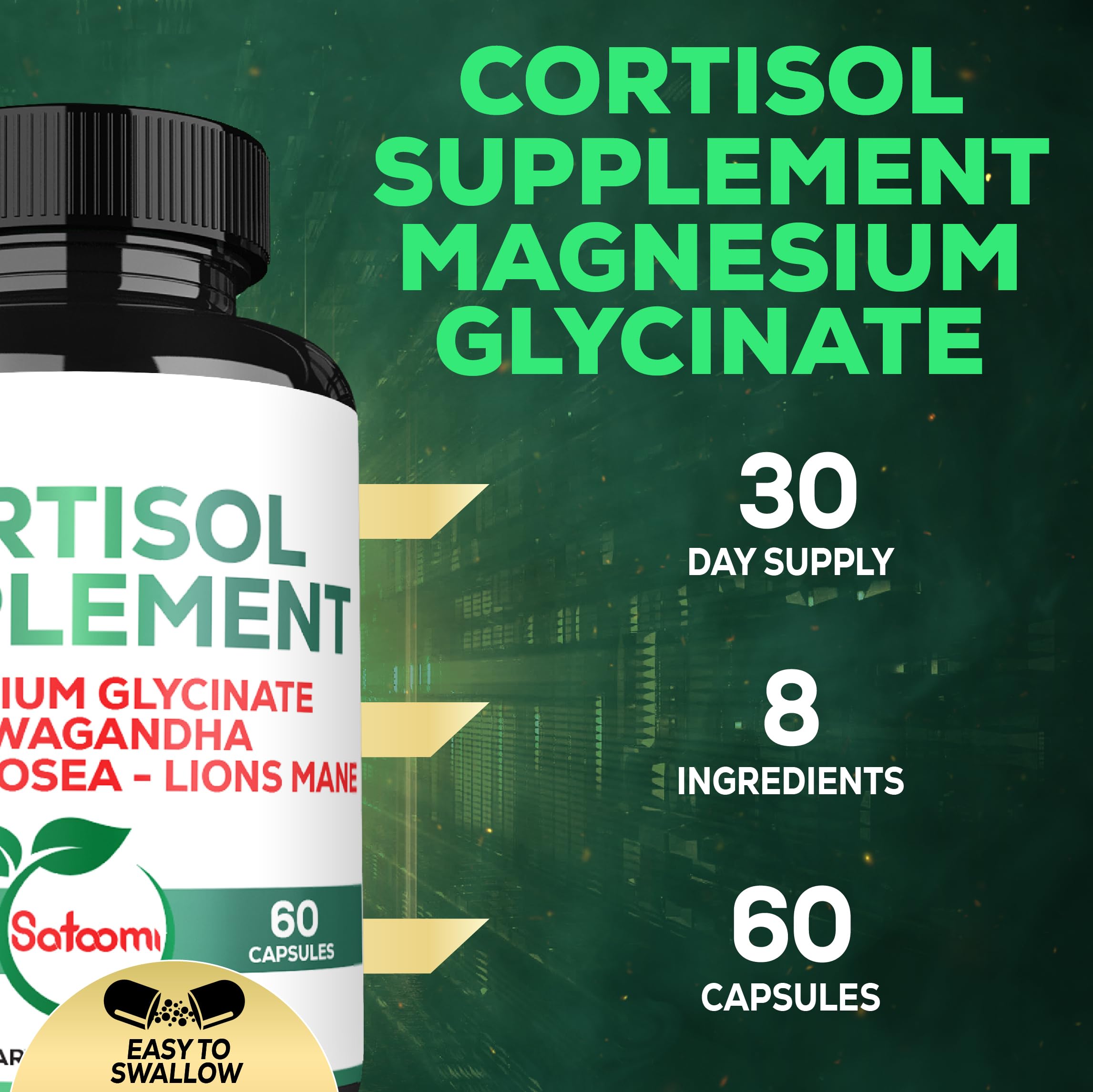 Satoomi 8in1 Cortisol Manager with Magnesium Glycinate, Ashwagandha, Rhodiola Rosea, Lions Mane & More - Cortisol Reducer Supplement Men & Women - 60 Capsules SatoomiAu supplements