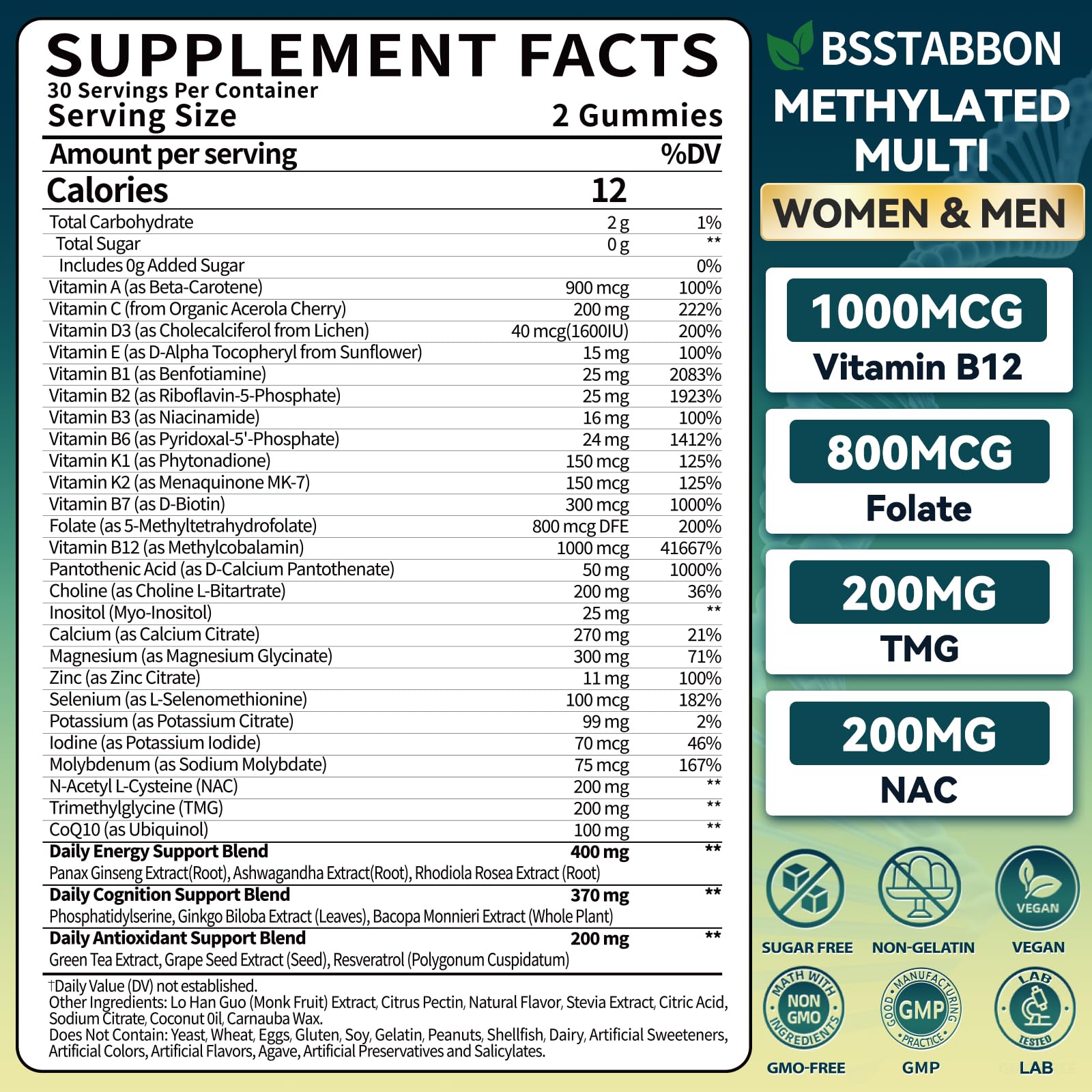 BSSTABBON Methylated Multivitamin for Women Men: Organic Iron Free Multivitamins Gummies plus 5-MTHF Active B12 P5P CoQ10 NAC TMG - Chewable Sugar Free Gummy for Energy Immune Overall Health(120Count) BSSTABBONAu supplements