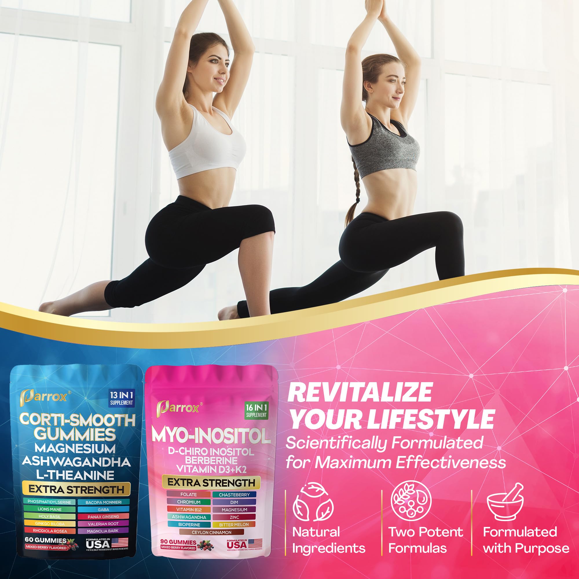 Soothe & Smooth Bundle Gummies - Cortisol & Myo-Inositol Supplement with D-Chiro Inositol, Berberine, Magenesium, Ashwagandha, L-Theanine, Vitamins D3+K2 & B12, Folate, Zinc Lion's Mane (150 Gummies) ParroxAu supplements