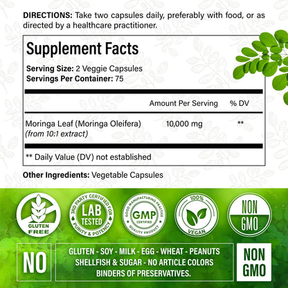 Moringa Capsules| Moringa Oleifera |10,000mg| 150 Capsules| 100% Pure| Non-GMO FitVitalityUS supplements