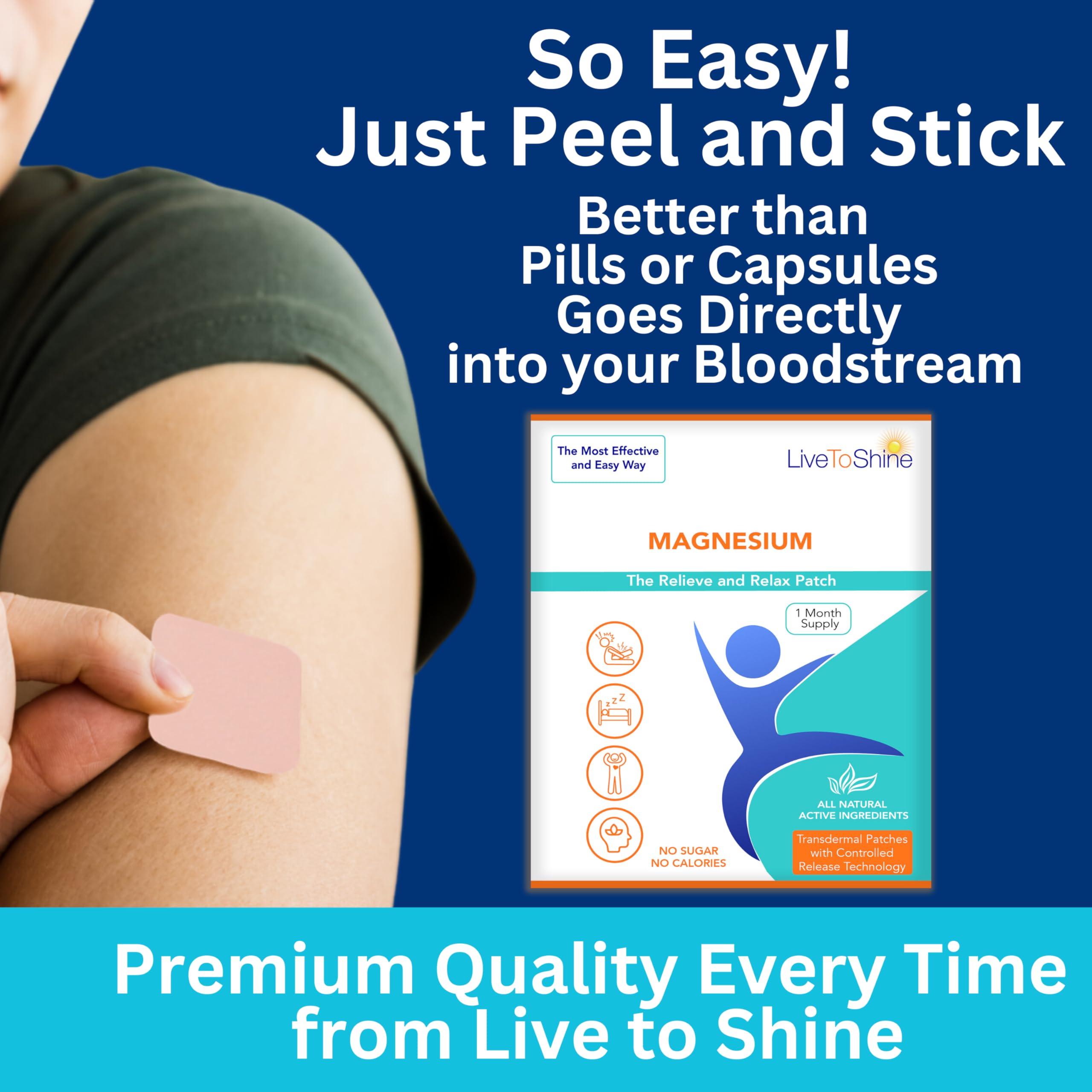 Magnesium Patches for Men and Women - Sleep Support & Relaxation, Muscle Recovery, Nerve Function - USA Made - 30 Premium Fast-Acting, Slow-Release Patches - Live To Shine Live To ShineAu supplements